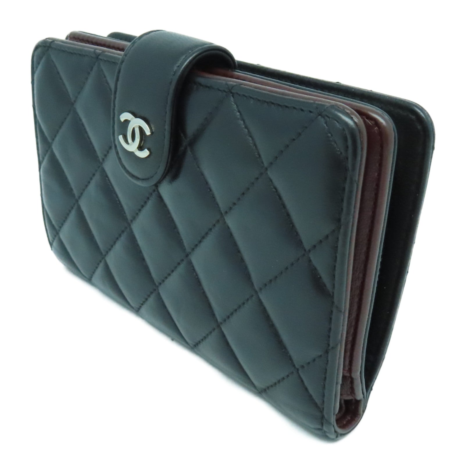 CHANEL 菱格羊皮皮革Wallet银扣钱包黑色