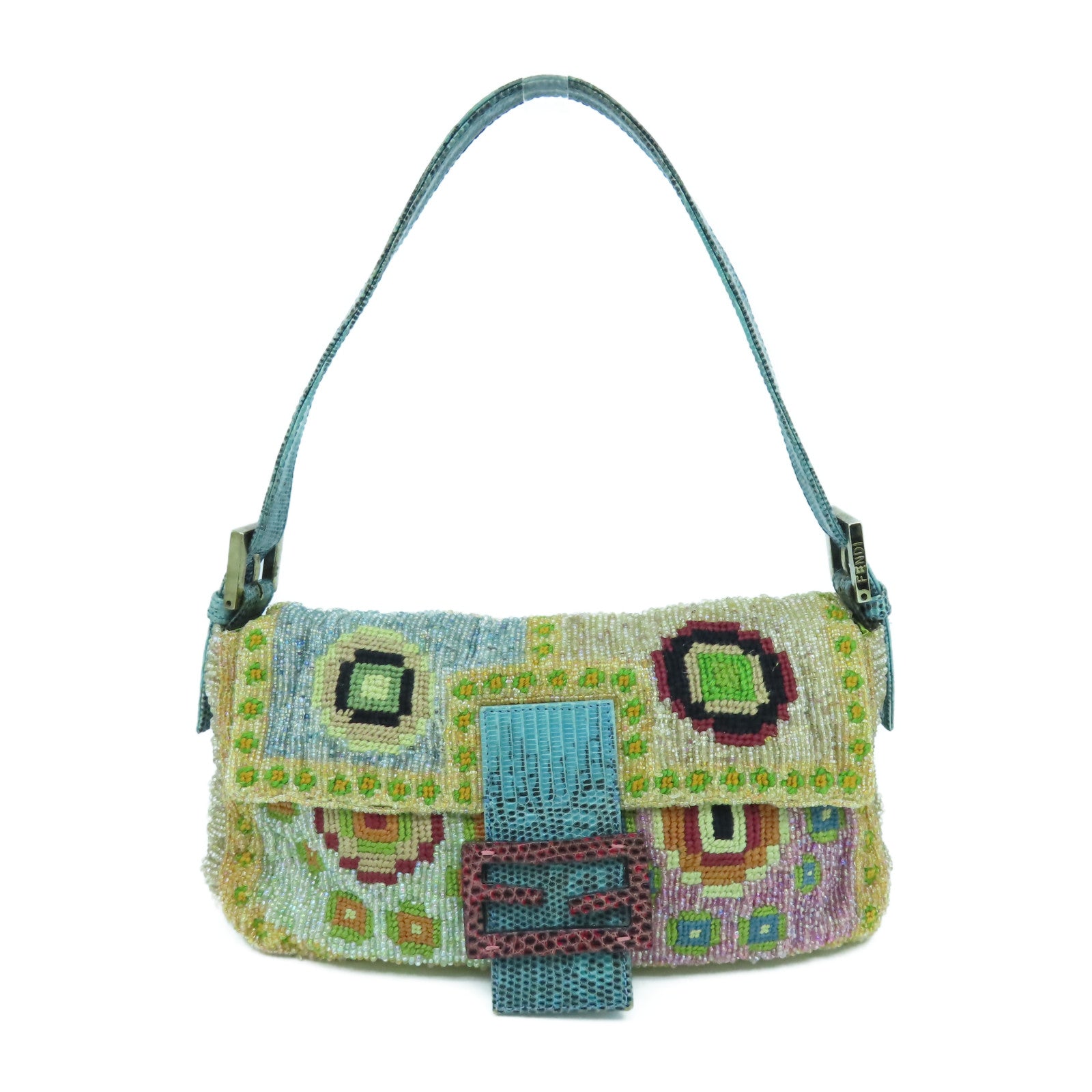 FENDI 珠子/蜥蝪皮革Shoulder Bag金扣/銀扣肩背袋彩色