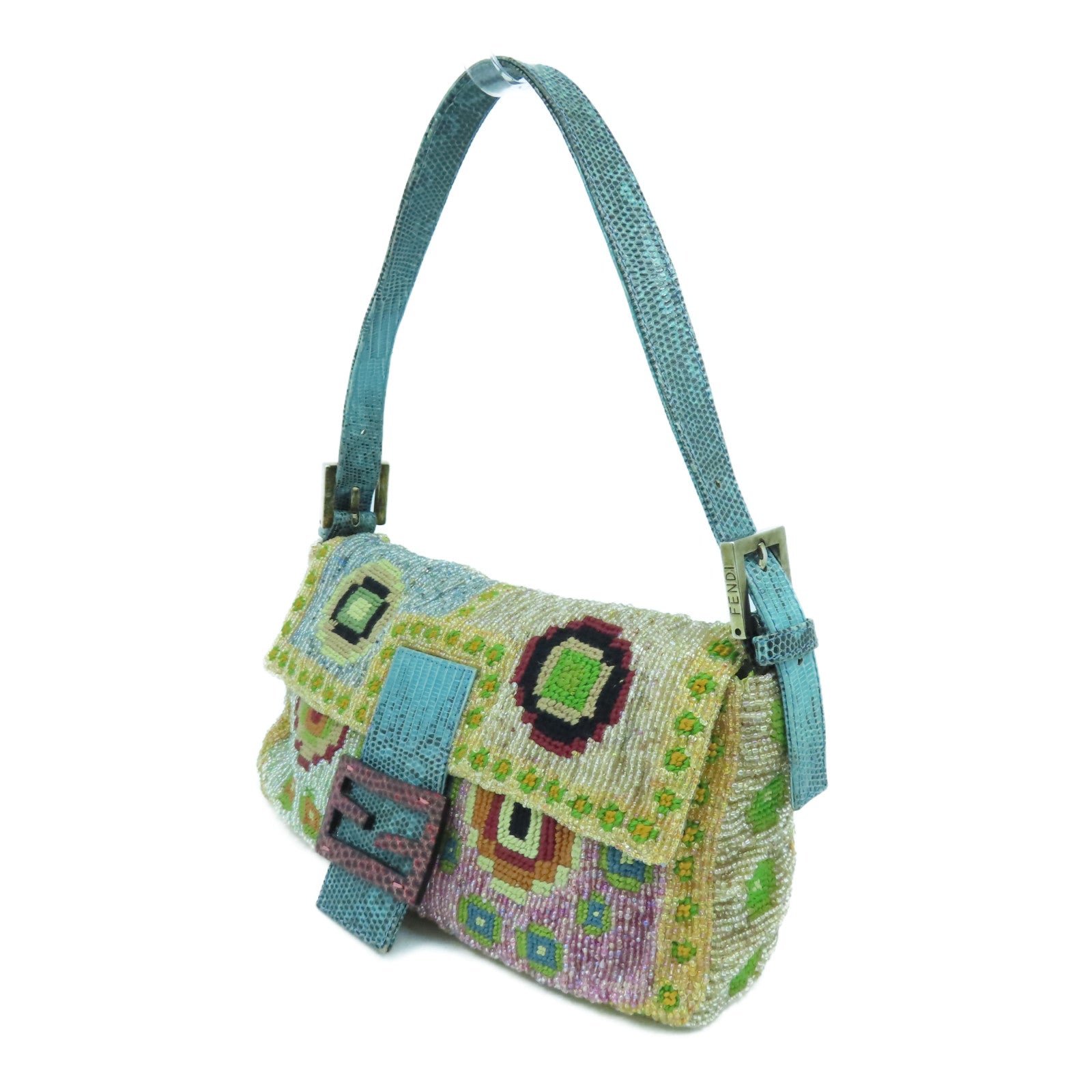 FENDI 珠子/蜥蝪皮革Shoulder Bag金扣/銀扣肩背袋彩色