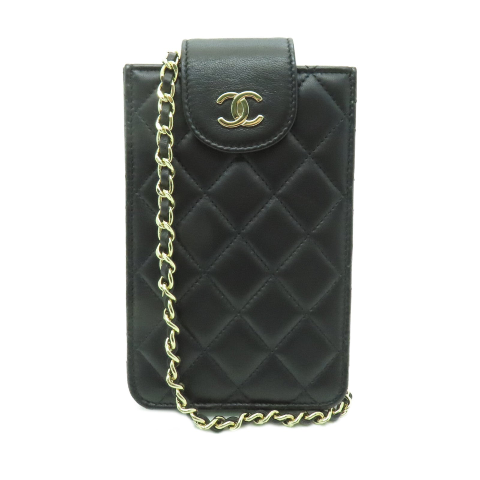 CHANEL 菱格羊皮皮革Chain Shoulder金扣鏈帶手機袋黑色