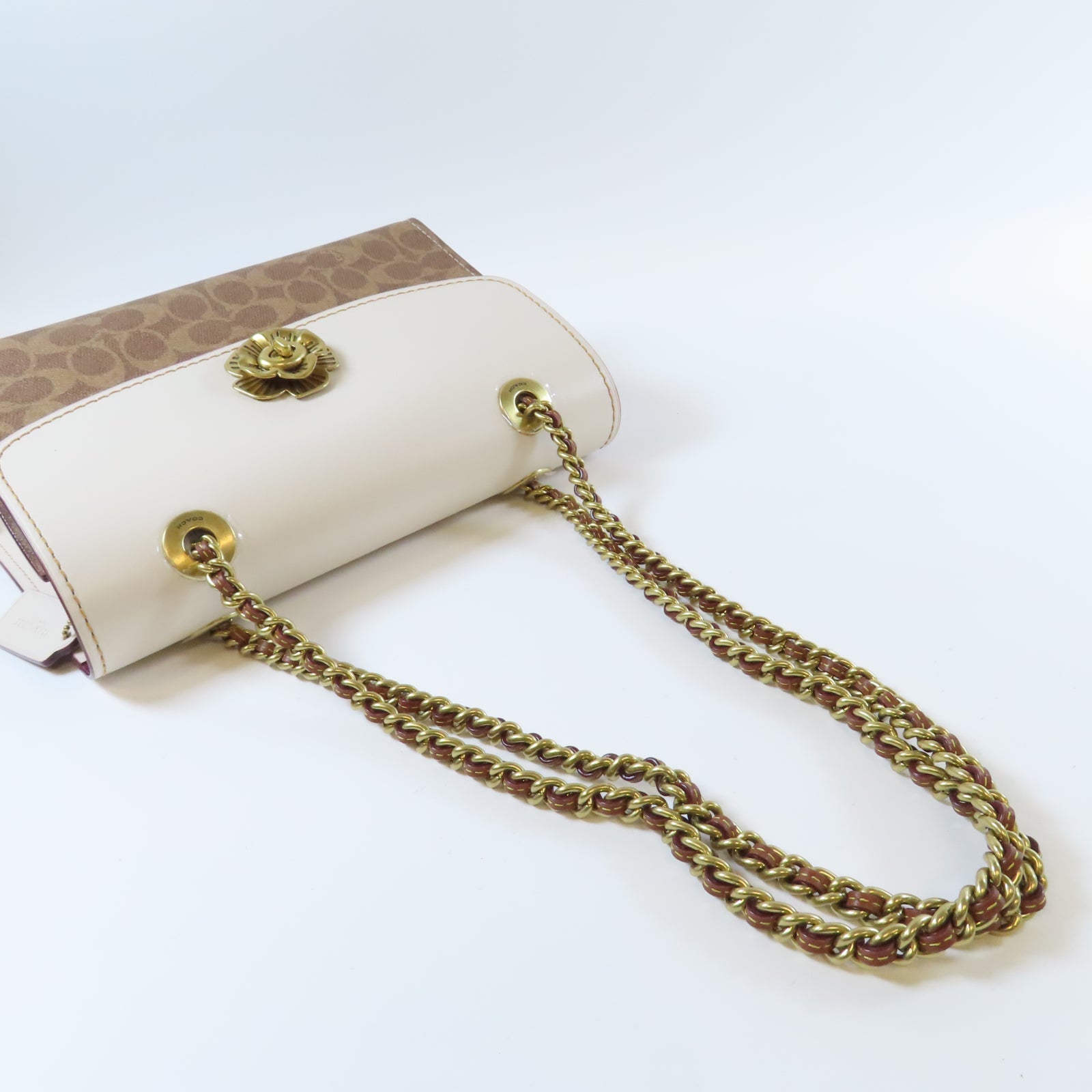 COACH 牛皮皮革/塗層帆布Chain Shoulder金扣鏈帶肩背袋白色/啡色