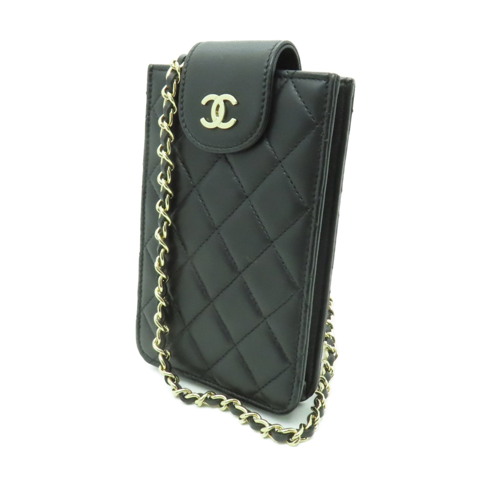 CHANEL 菱格羊皮皮革Chain Shoulder金扣鏈帶手機袋黑色