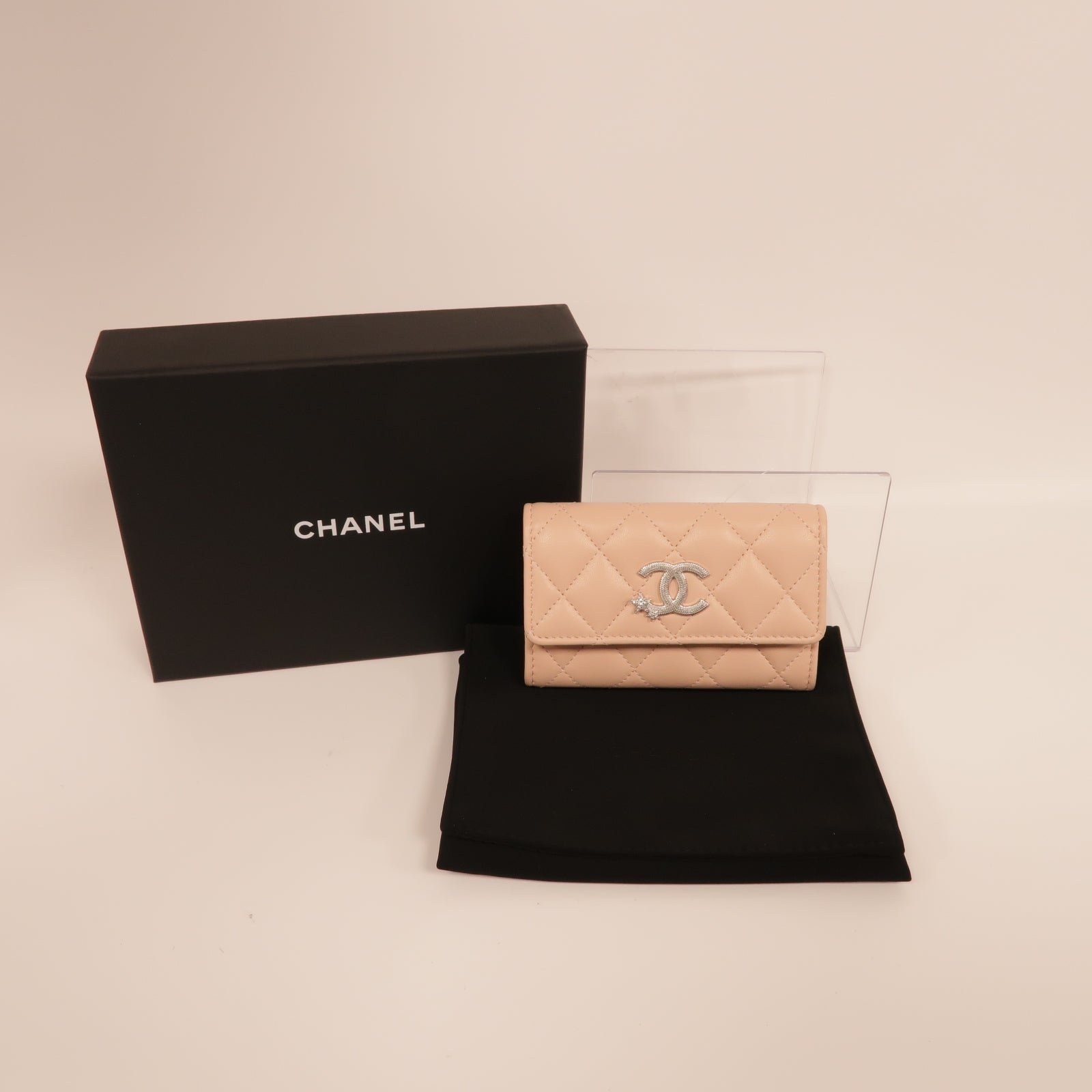 CHANEL 菱格羊皮皮革Card Case銀扣卡片套粉紅色