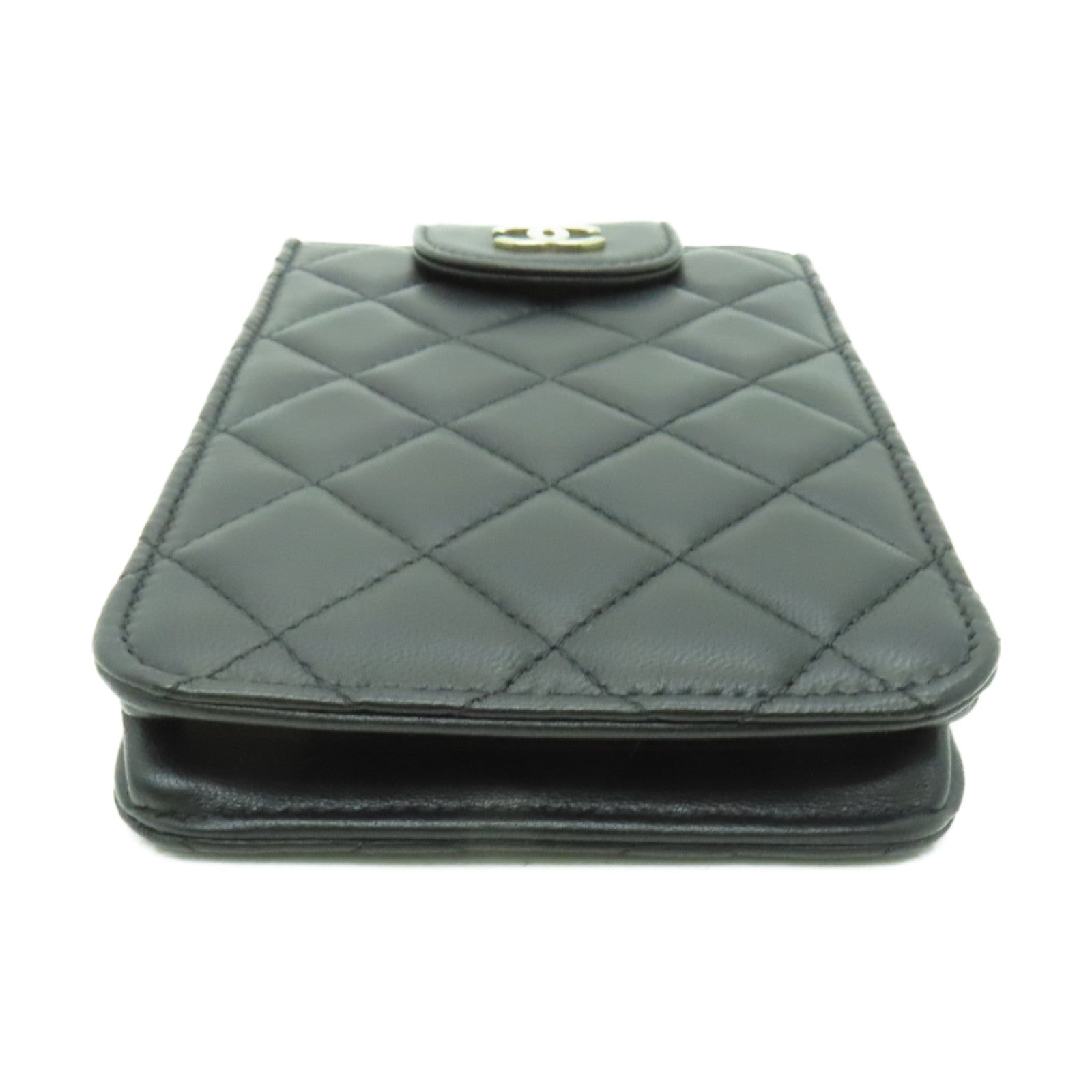 CHANEL 菱格羊皮皮革Chain Shoulder金扣鏈帶手機袋黑色