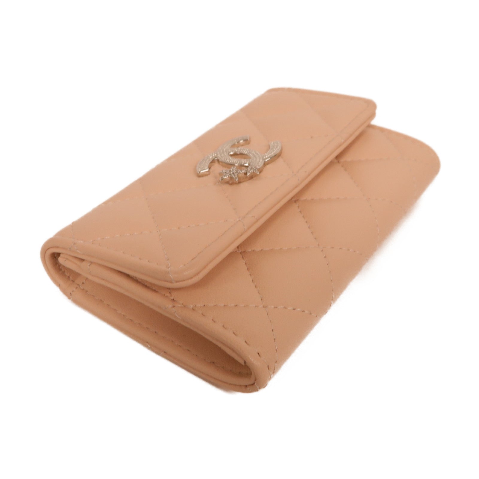 CHANEL 菱格羊皮皮革Card Case銀扣卡片套粉紅色