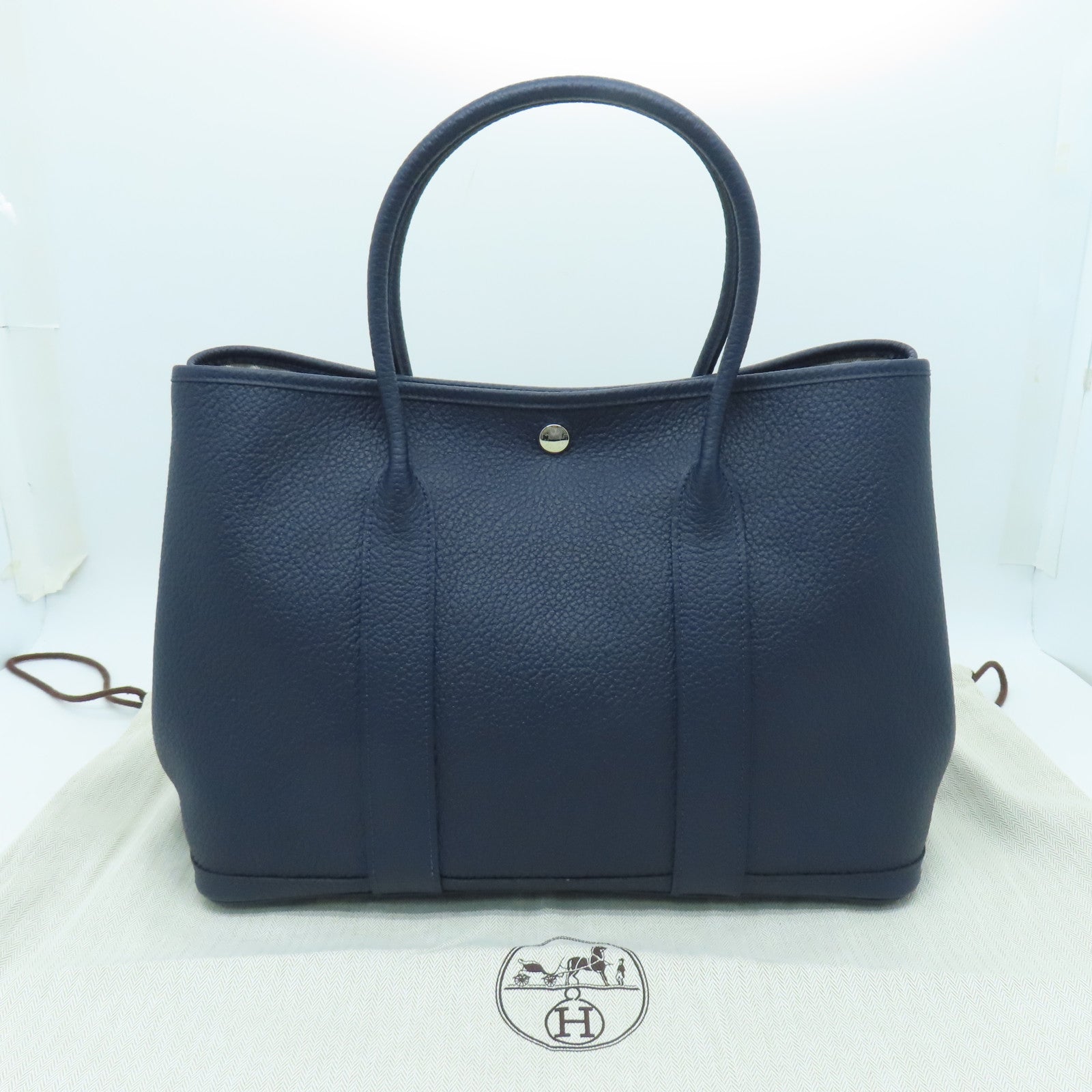 HERMES Country皮革Garden Party PM銀扣手挽袋Bleusaphir深藍色
