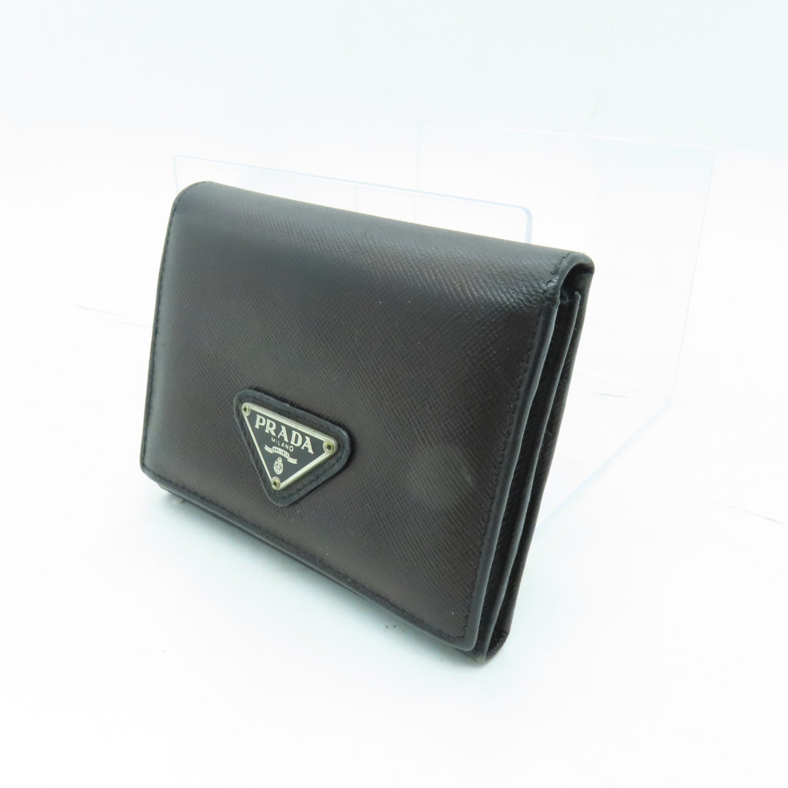 PRADA Saffiano皮革Three-fold Wallet銀扣錢包黑色