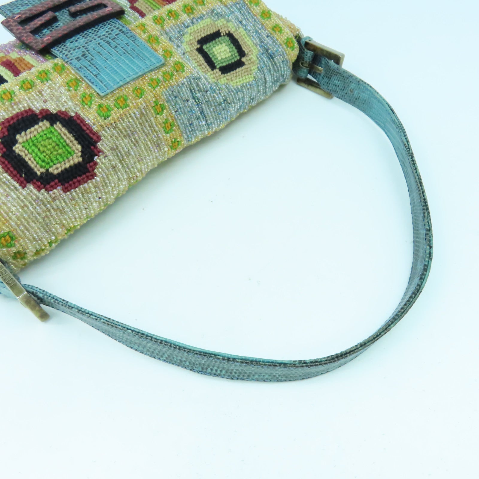 FENDI 珠子/蜥蝪皮革Shoulder Bag金扣/銀扣肩背袋彩色
