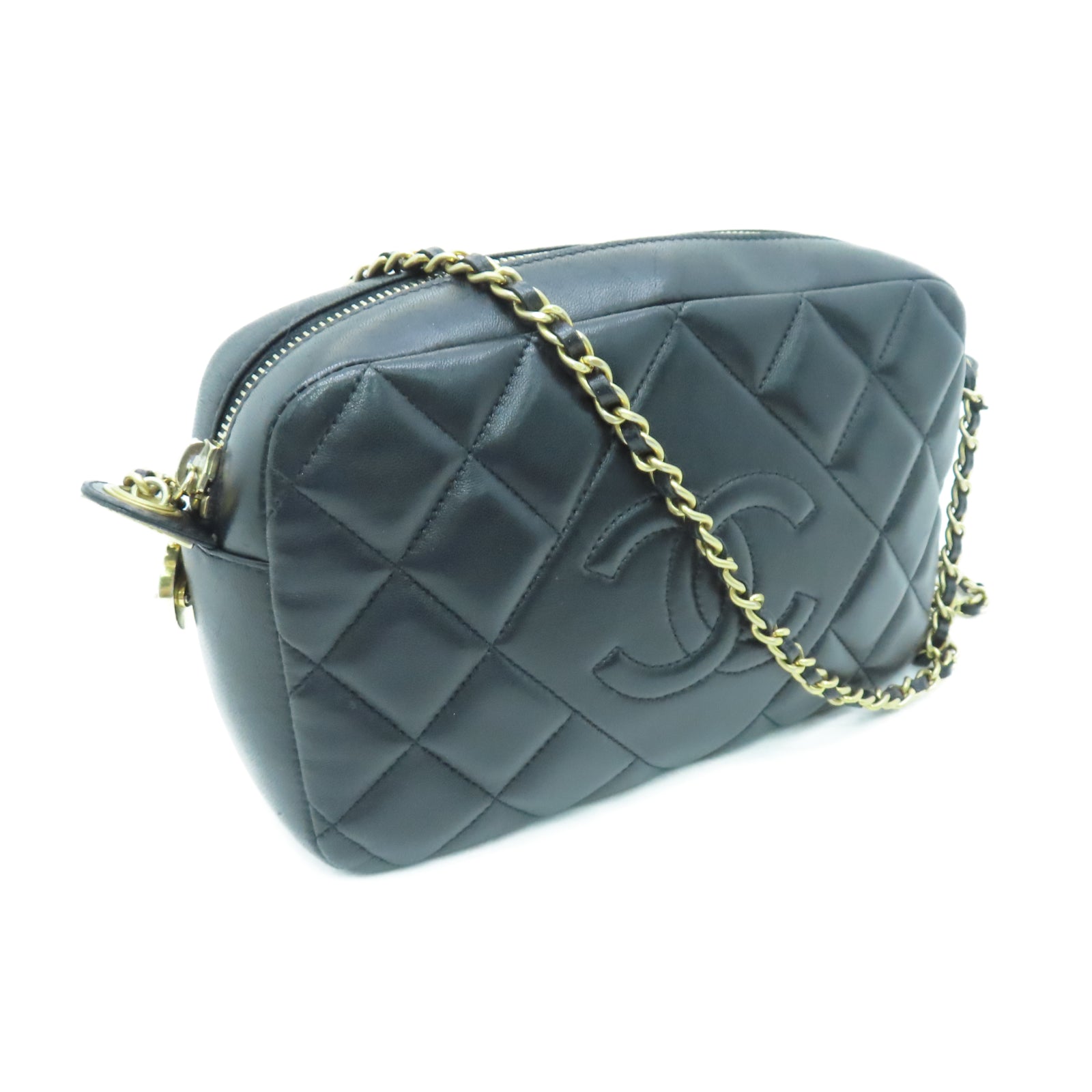 CHANEL 菱格羊皮皮革Camera Bag金扣鏈帶肩背袋黑色