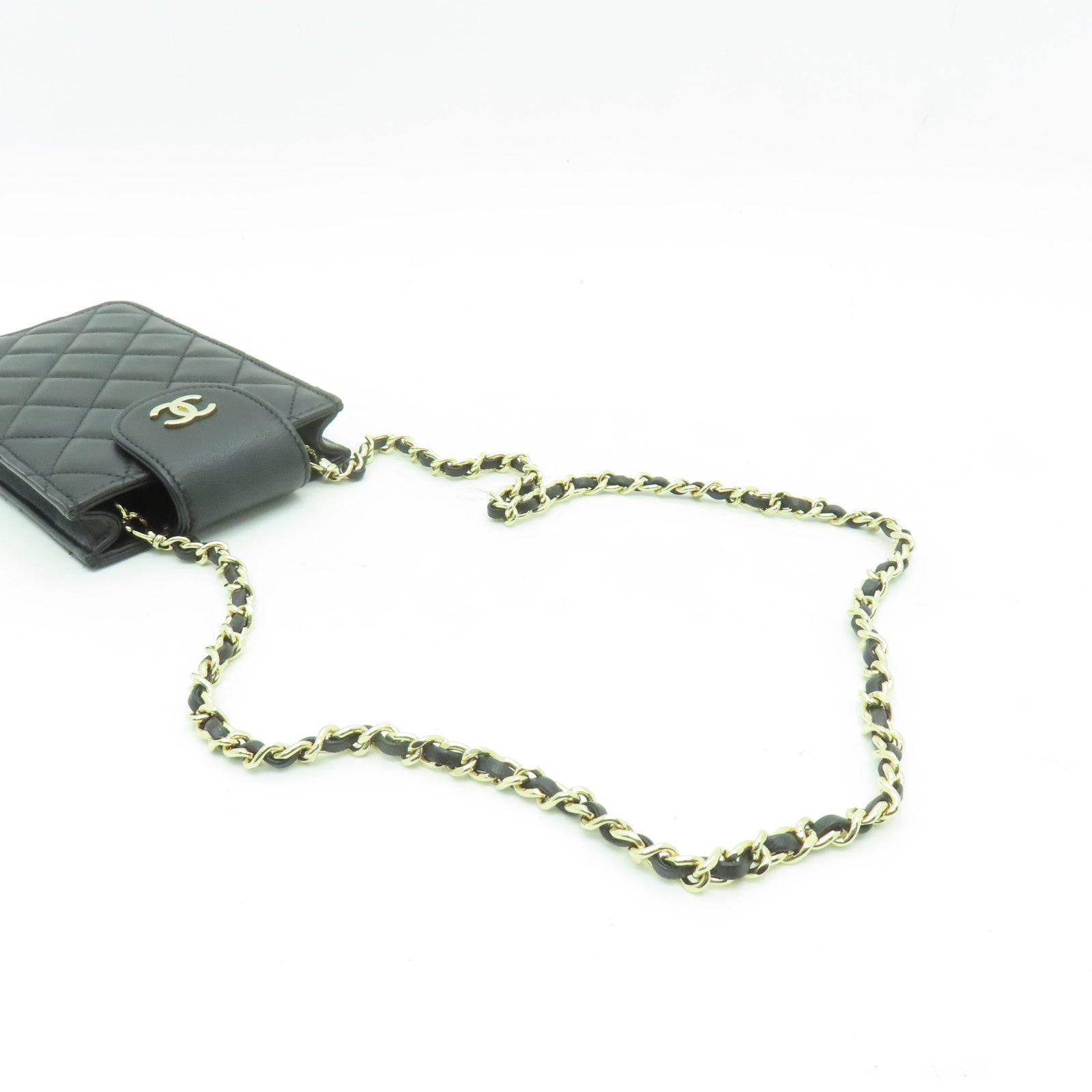 CHANEL 菱格羊皮皮革Chain Shoulder金扣鏈帶手機袋黑色