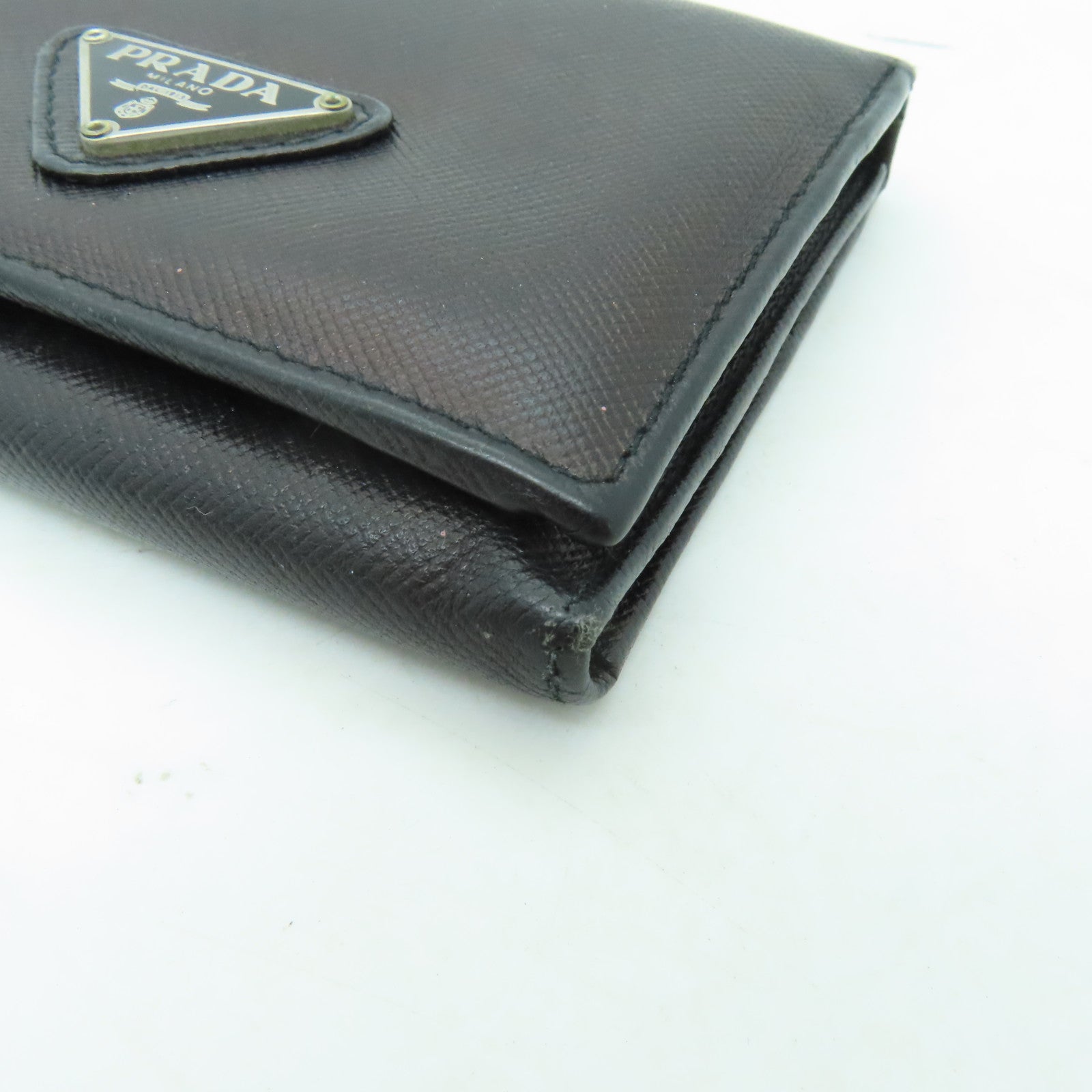PRADA Saffiano皮革Three-fold Wallet銀扣錢包黑色