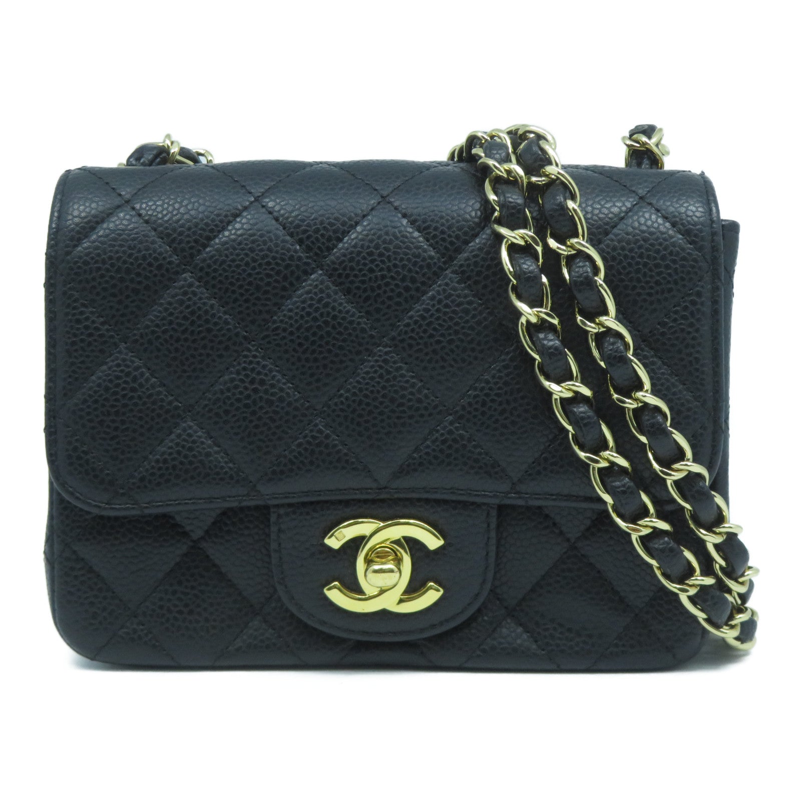 CHANEL 菱格牛皮皮革Chain Shoulder Bag金扣鏈帶肩背袋黑色