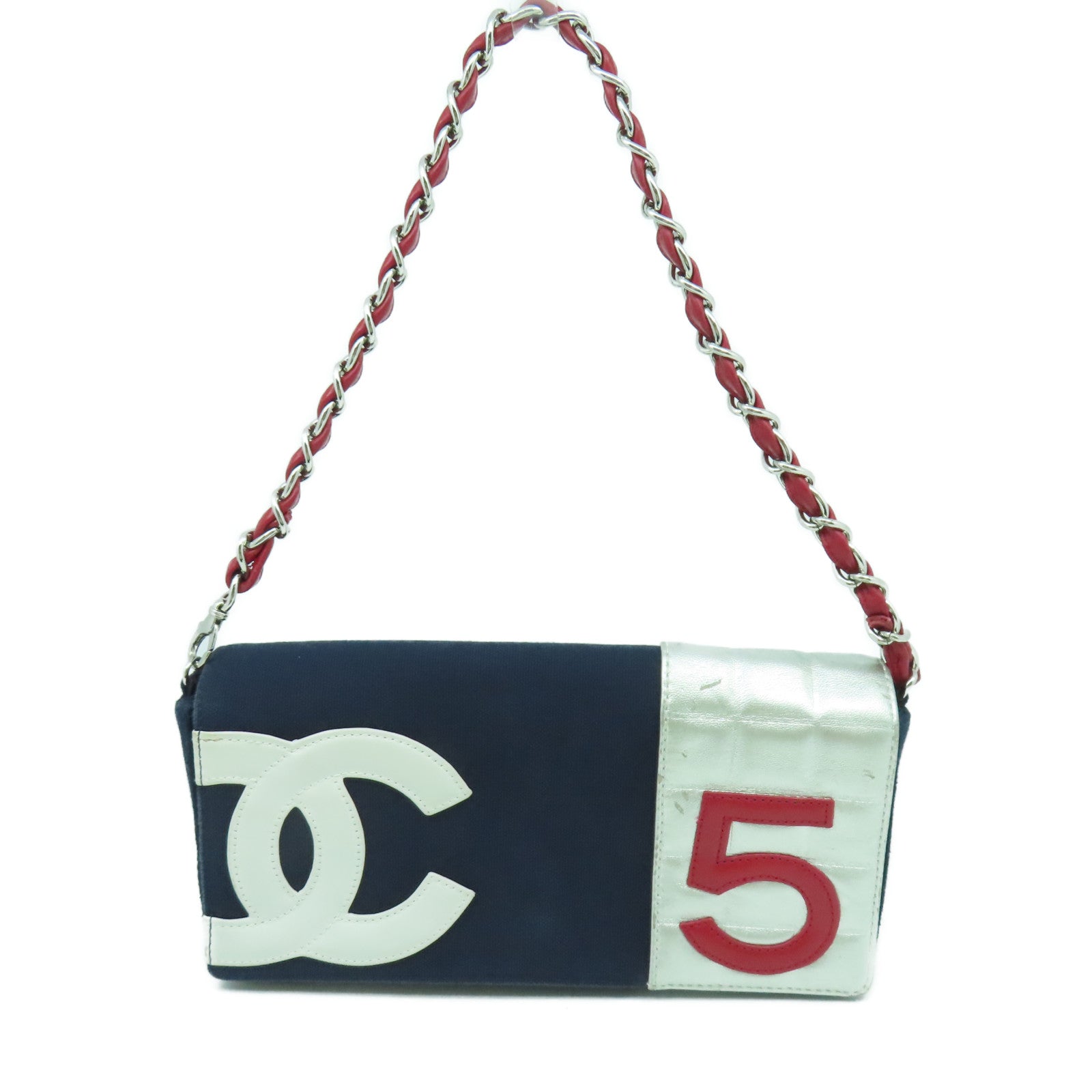CHANEL 【激減優惠】帆布Chain Shoulder銀扣鏈帶肩背袋深藍色