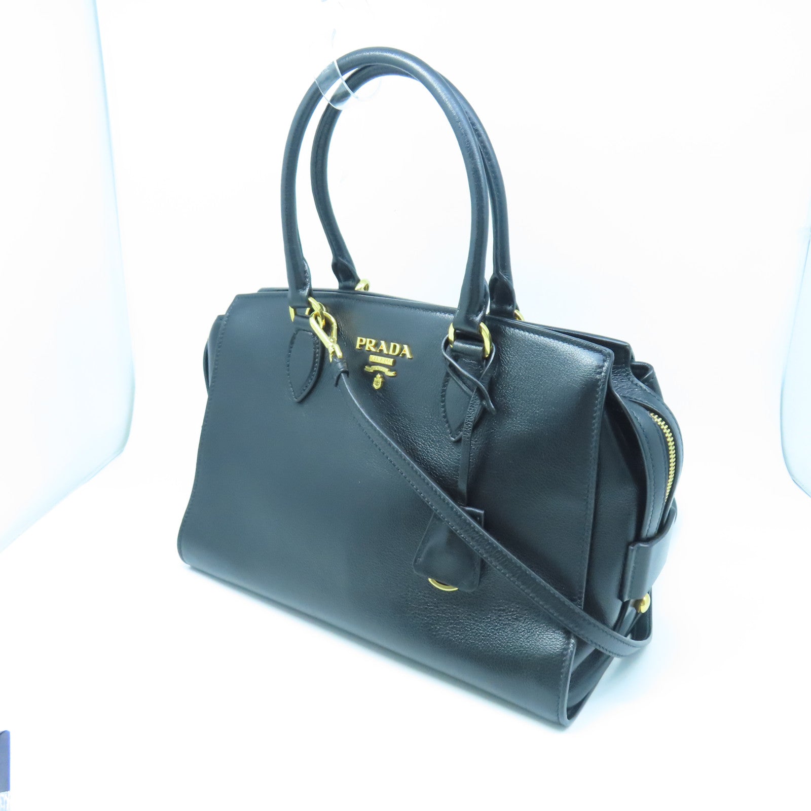 PRADA 牛皮皮革Bag金扣手挽肩背两用袋黑色