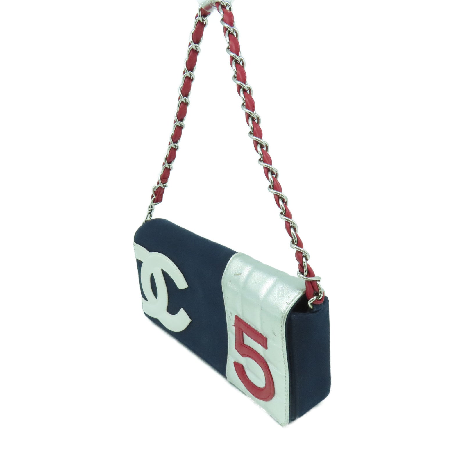 CHANEL 【激減優惠】帆布Chain Shoulder銀扣鏈帶肩背袋深藍色