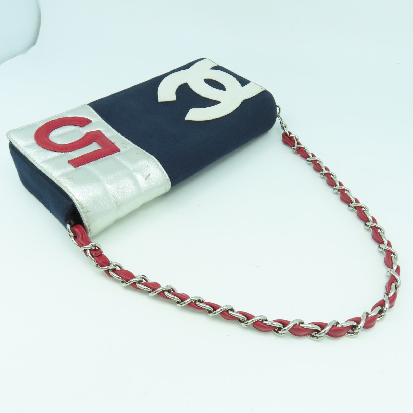 CHANEL 【激減優惠】帆布Chain Shoulder銀扣鏈帶肩背袋深藍色
