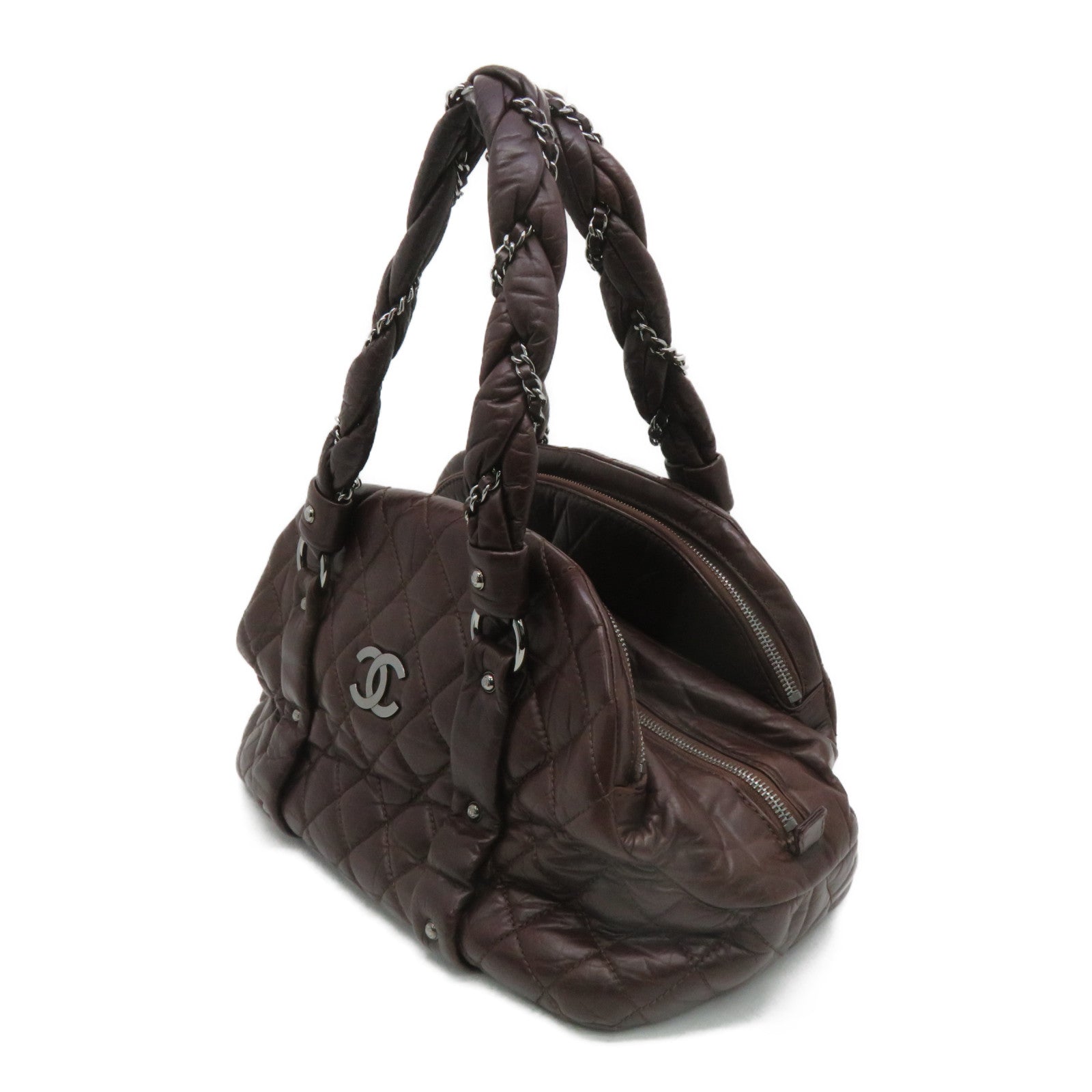 CHANEL 菱格牛皮皮革Shoulder Bag銀扣肩背袋啡色