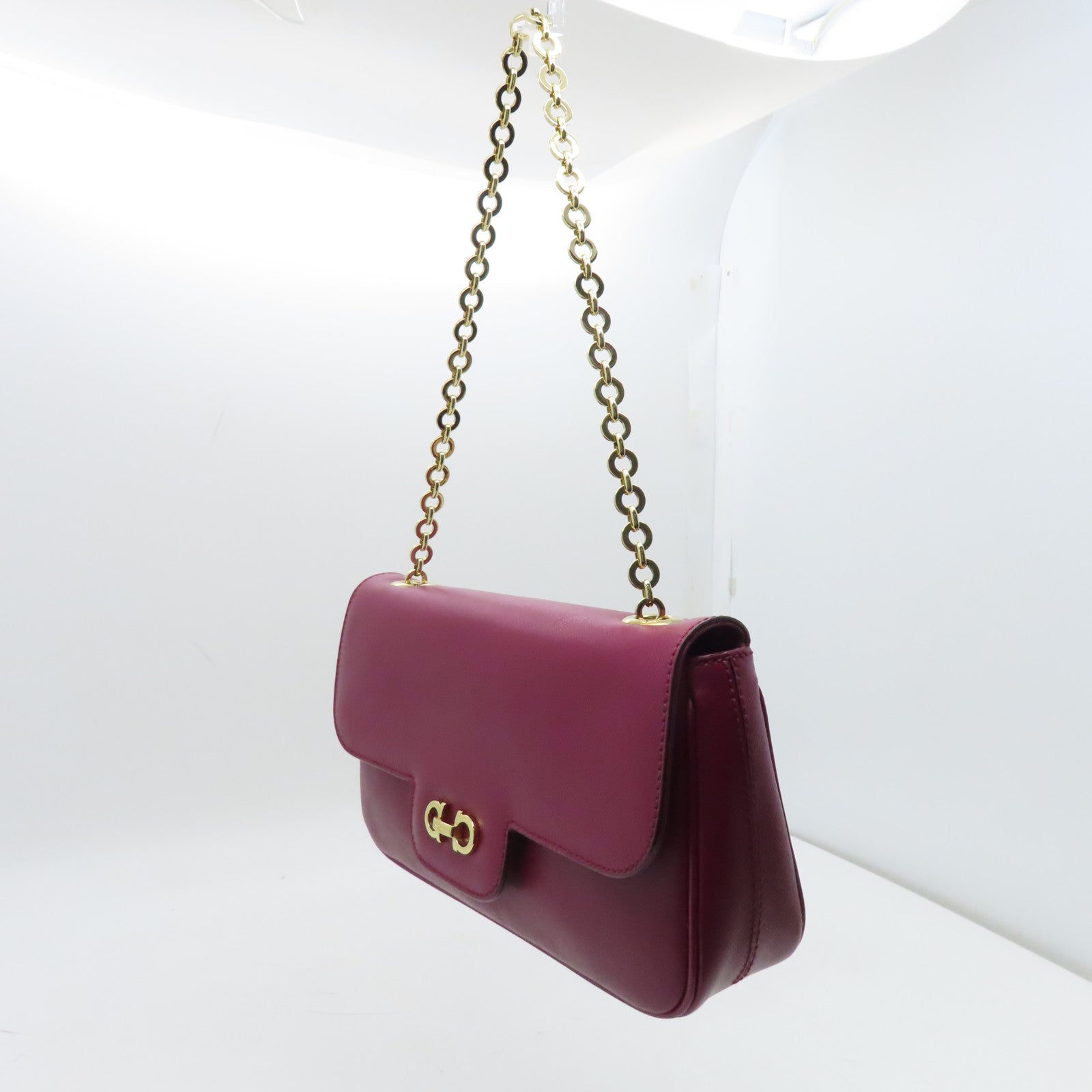 Salvatore Ferragamo Leather Shoulder Bag Gold Buckle Red