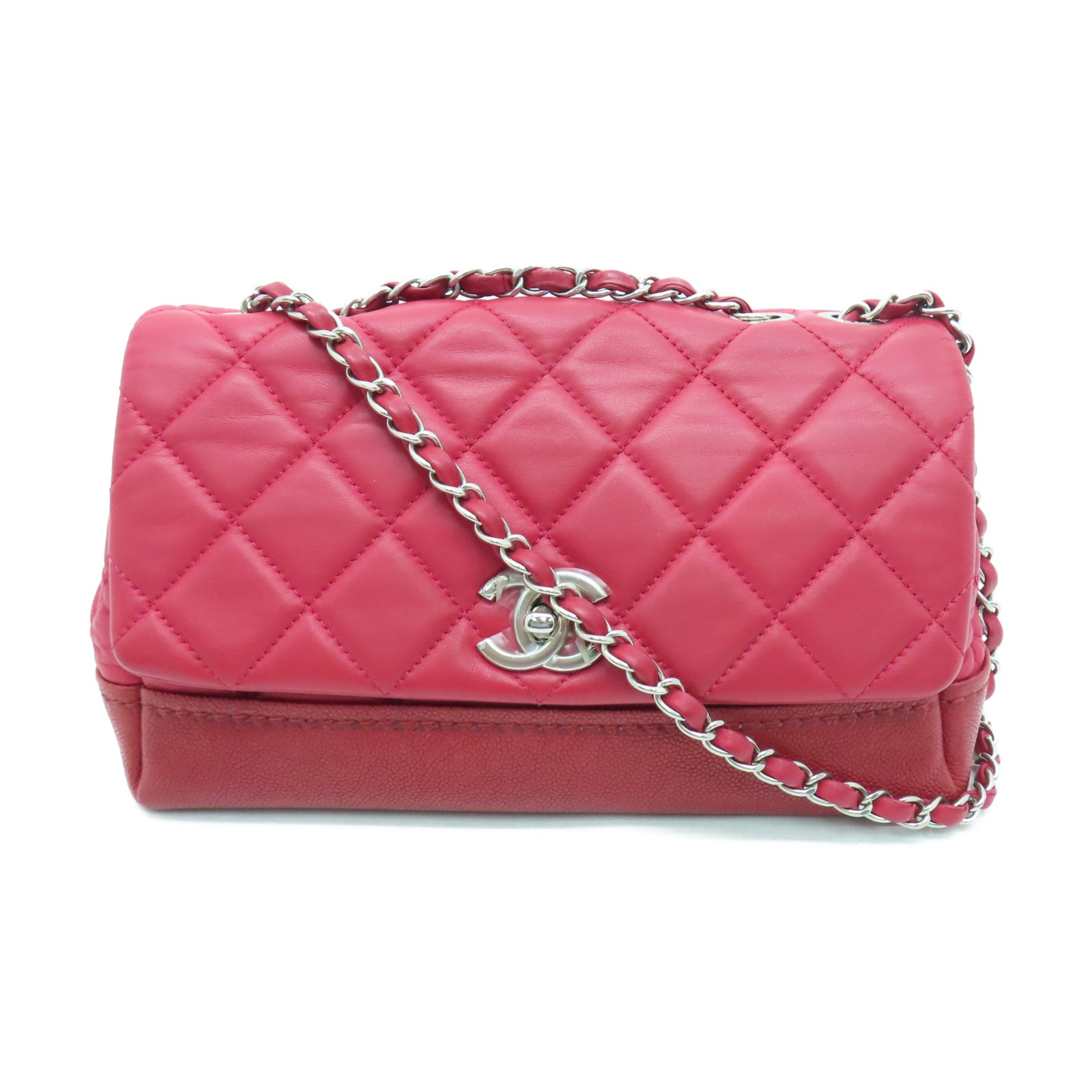 CHANEL 【激減優惠】菱格牛皮皮革Chain Shoulder銀扣鏈帶肩背袋紅色