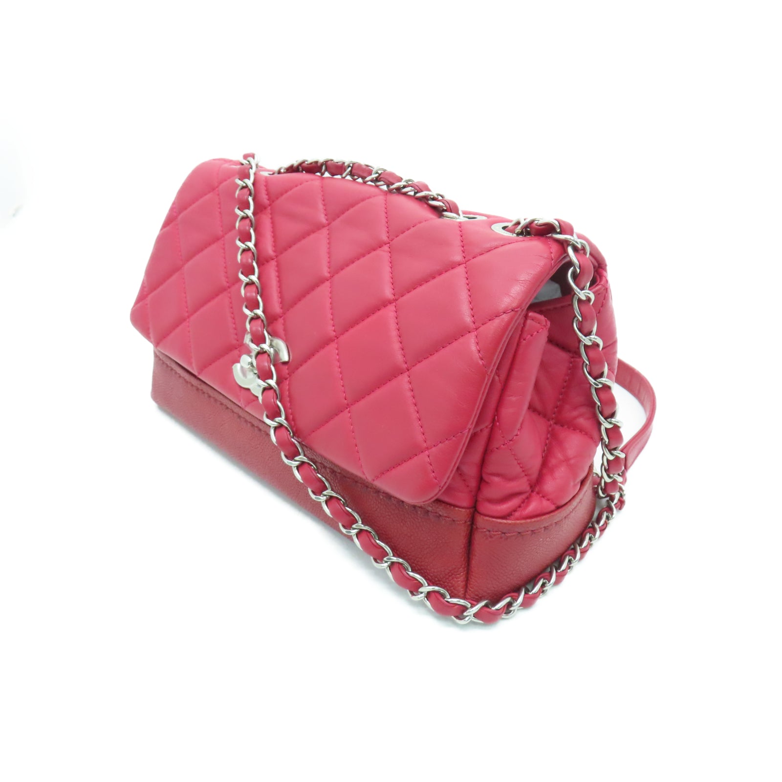 CHANEL 【激減優惠】菱格牛皮皮革Chain Shoulder銀扣鏈帶肩背袋紅色