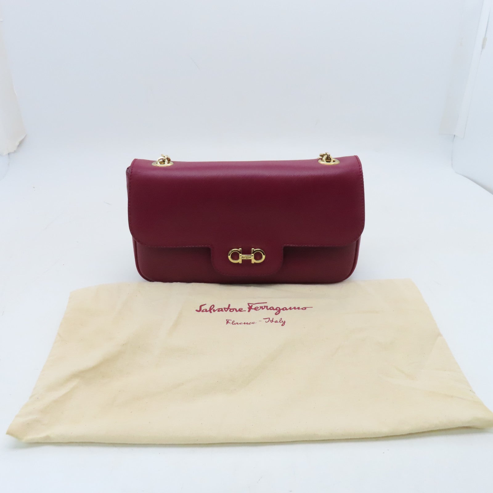 Salvatore Ferragamo Leather Shoulder Bag Gold Buckle Red