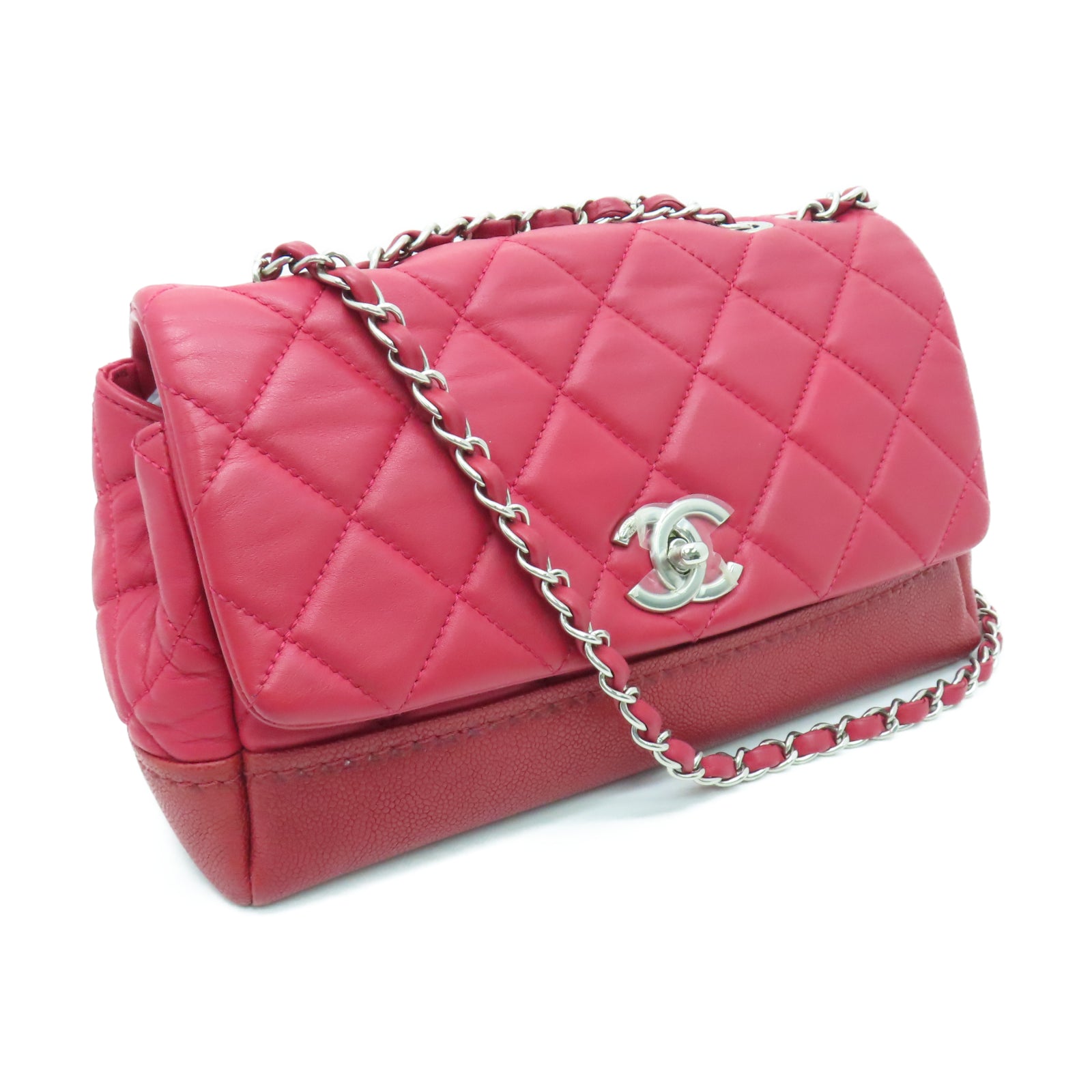 CHANEL 【激減優惠】菱格牛皮皮革Chain Shoulder銀扣鏈帶肩背袋紅色