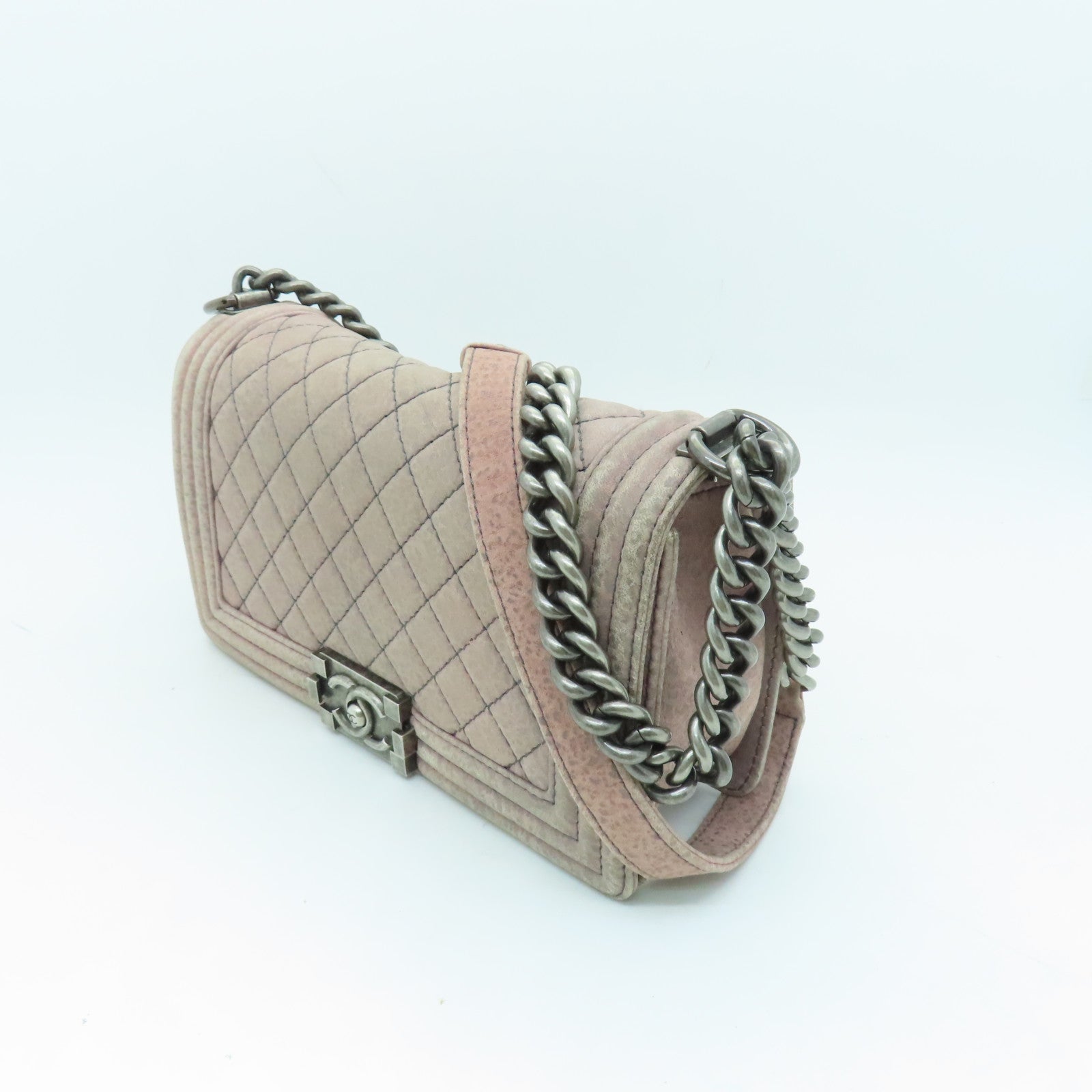 CHANEL 麂皮皮革Boy Chanel 25銀扣鏈帶肩背袋粉紅色