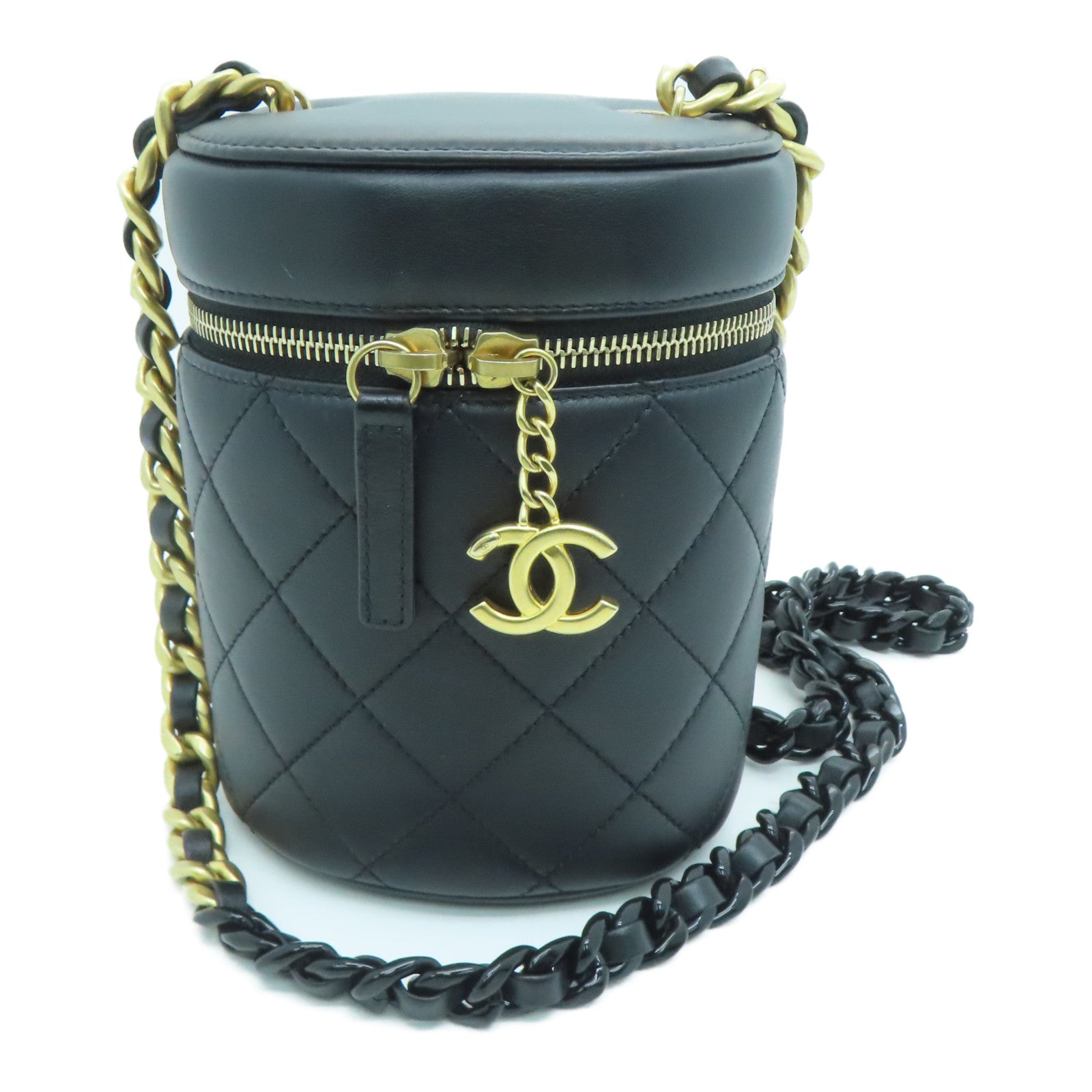 CHANEL 菱格牛皮皮革Chain Shoulder金扣链带肩背袋黑色