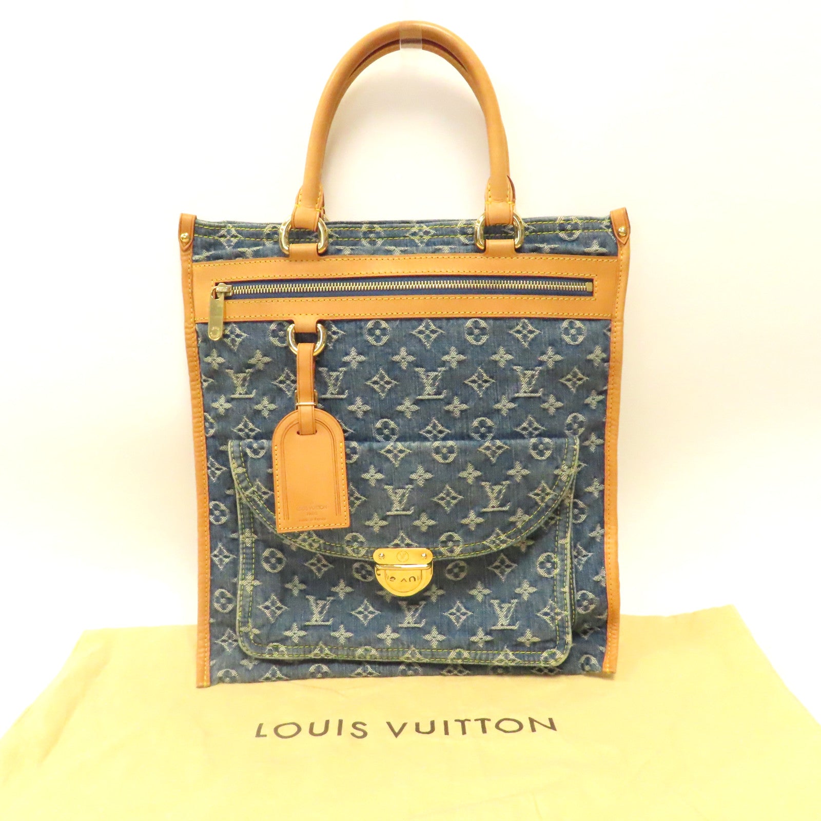 LOUIS VUITTON Monogram Denim Flat Shopper Handbag金扣手挽袋藍色