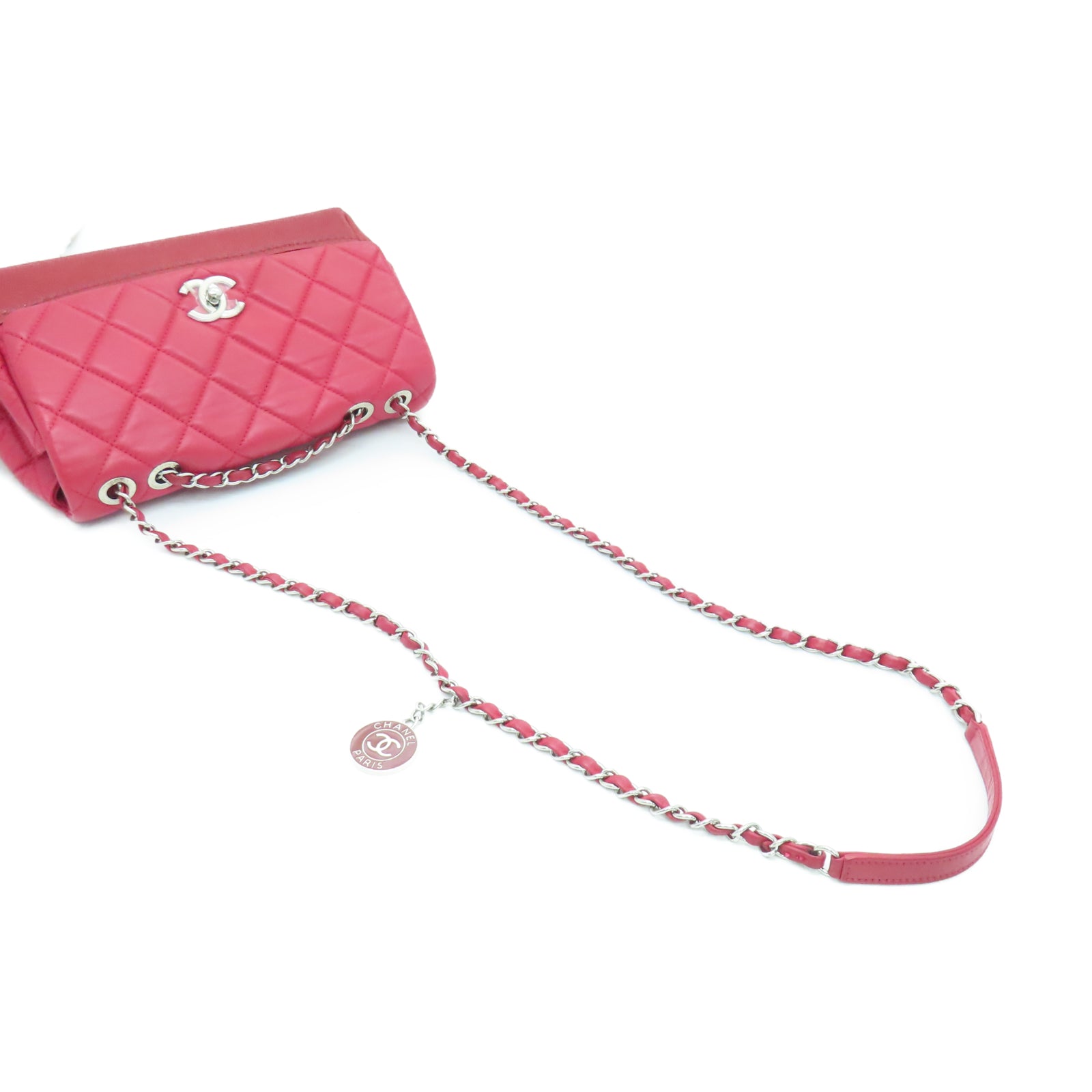 CHANEL 【激減優惠】菱格牛皮皮革Chain Shoulder銀扣鏈帶肩背袋紅色