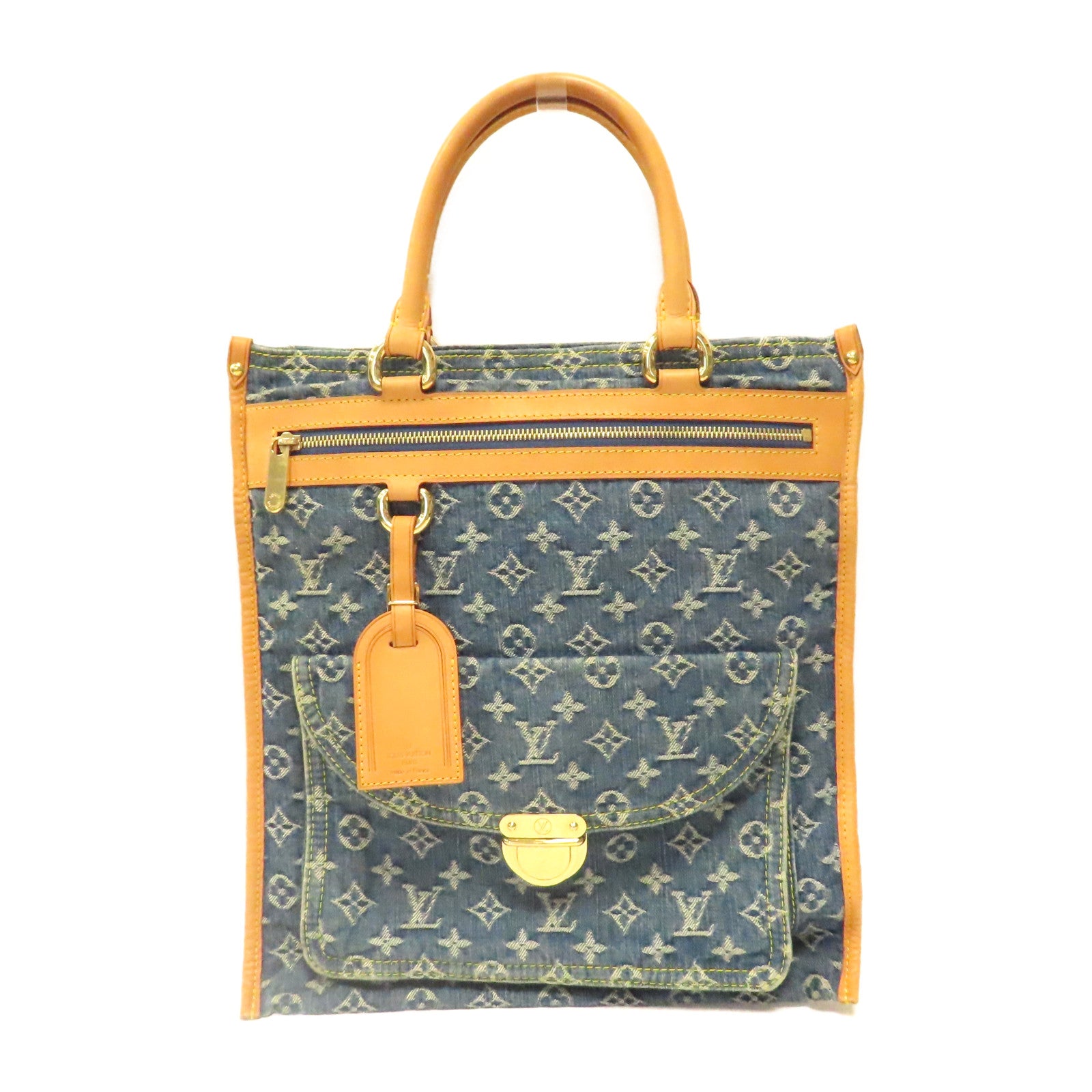 LOUIS VUITTON Monogram Denim Flat Shopper Handbag金扣手挽袋藍色