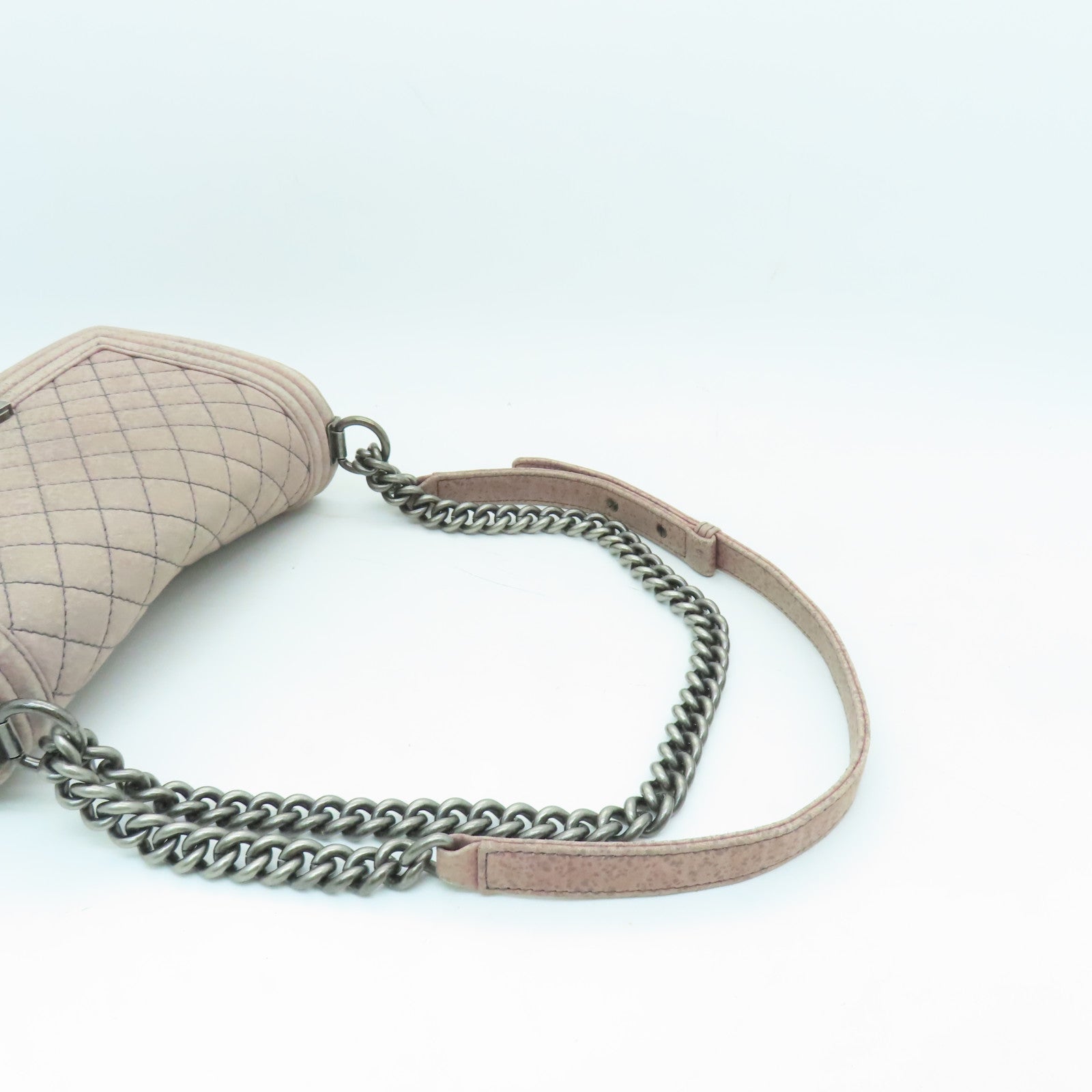 CHANEL 麂皮皮革Boy Chanel 25銀扣鏈帶肩背袋粉紅色