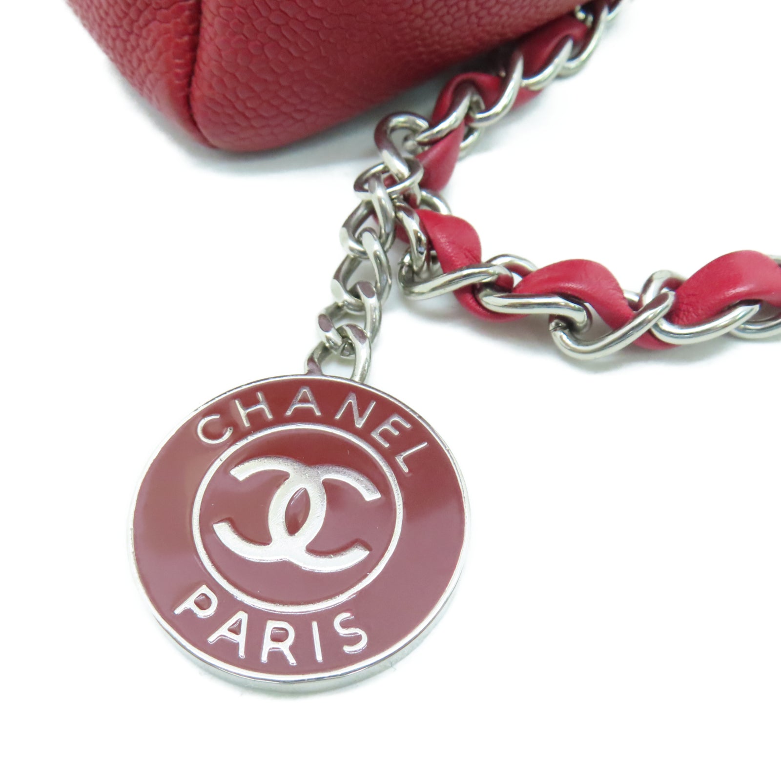 CHANEL 【激減優惠】菱格牛皮皮革Chain Shoulder銀扣鏈帶肩背袋紅色
