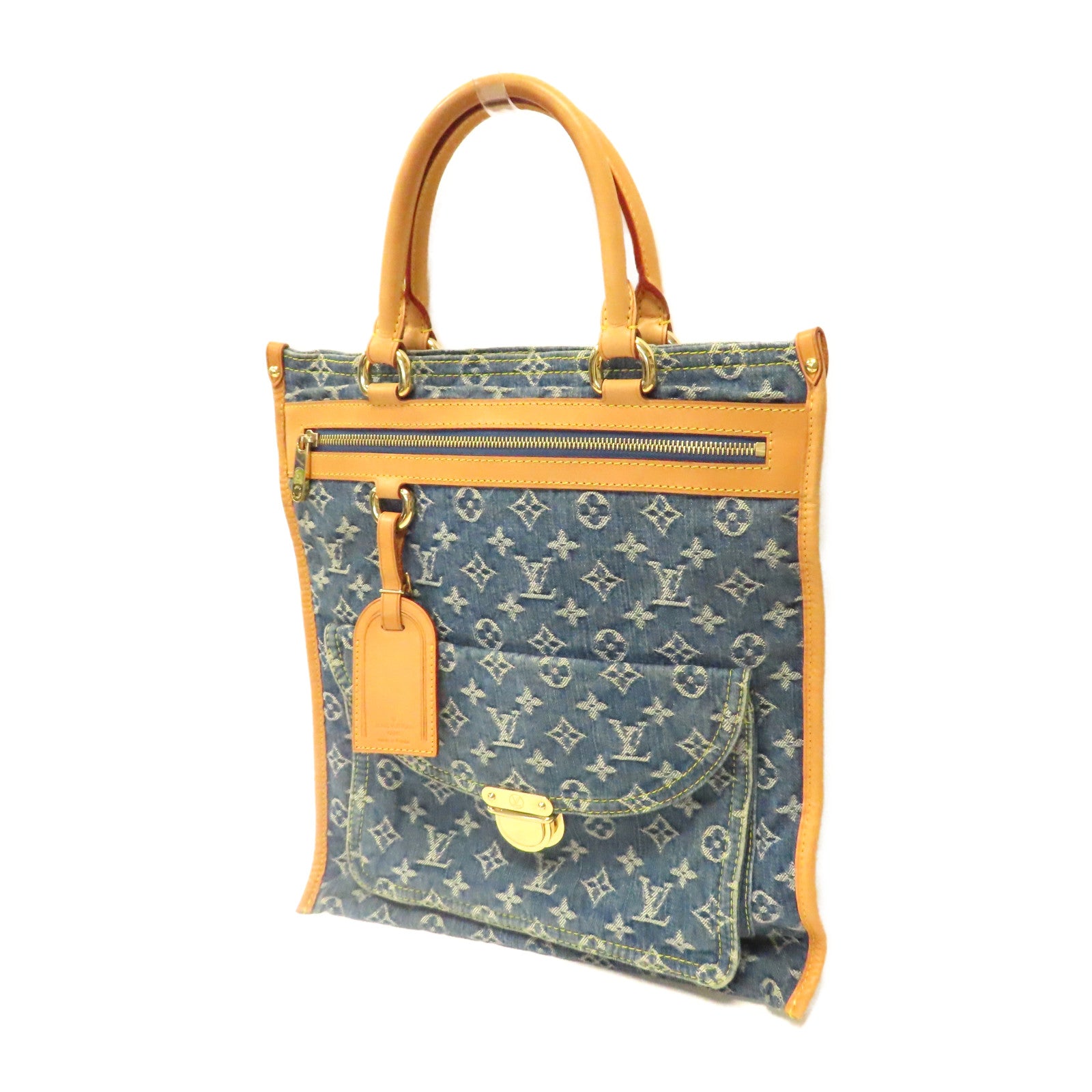 LOUIS VUITTON Monogram Denim Flat Shopper Handbag金扣手挽袋藍色