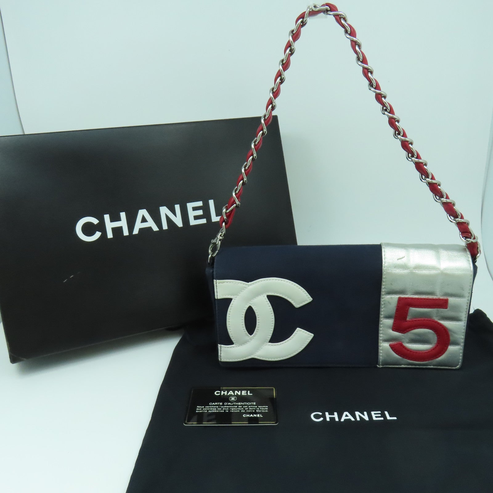CHANEL 【激減優惠】帆布Chain Shoulder銀扣鏈帶肩背袋深藍色