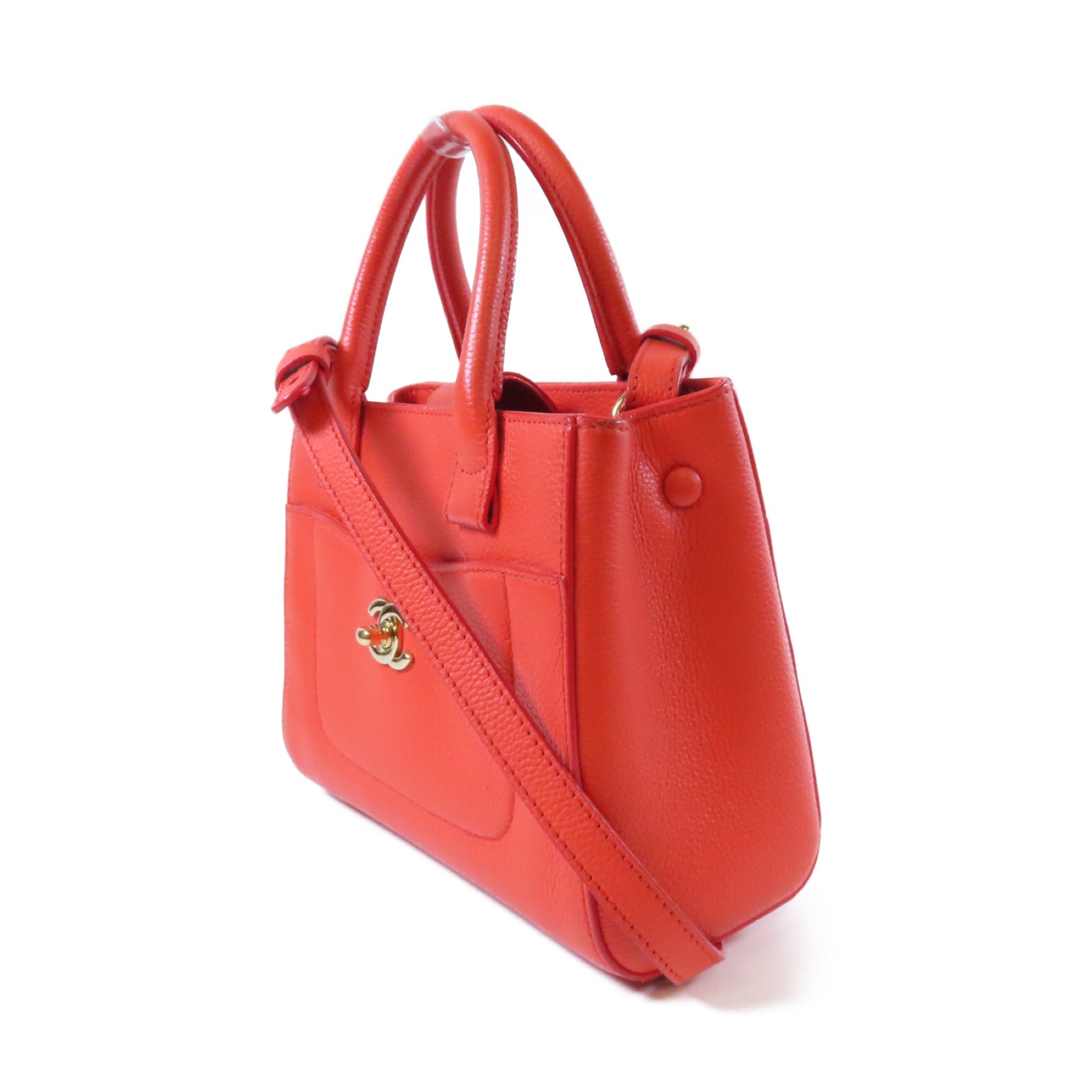 CHANEL Caviar皮革2 Way Shoulder金扣手挽肩背兩用袋橙色