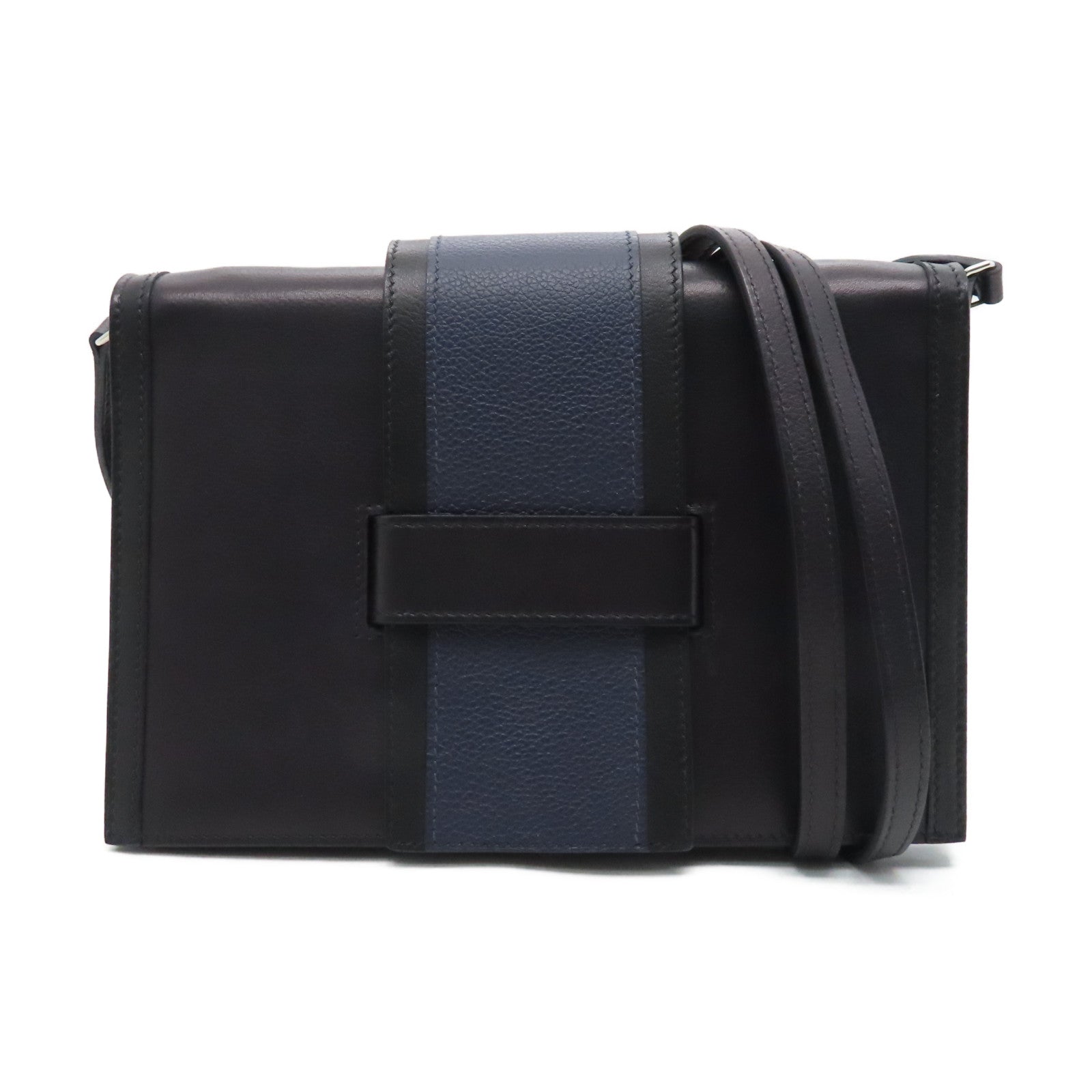 HERMES Evercolor Leather Pochette H Passant Silver Buckle Shoulder Bag Blue/Black