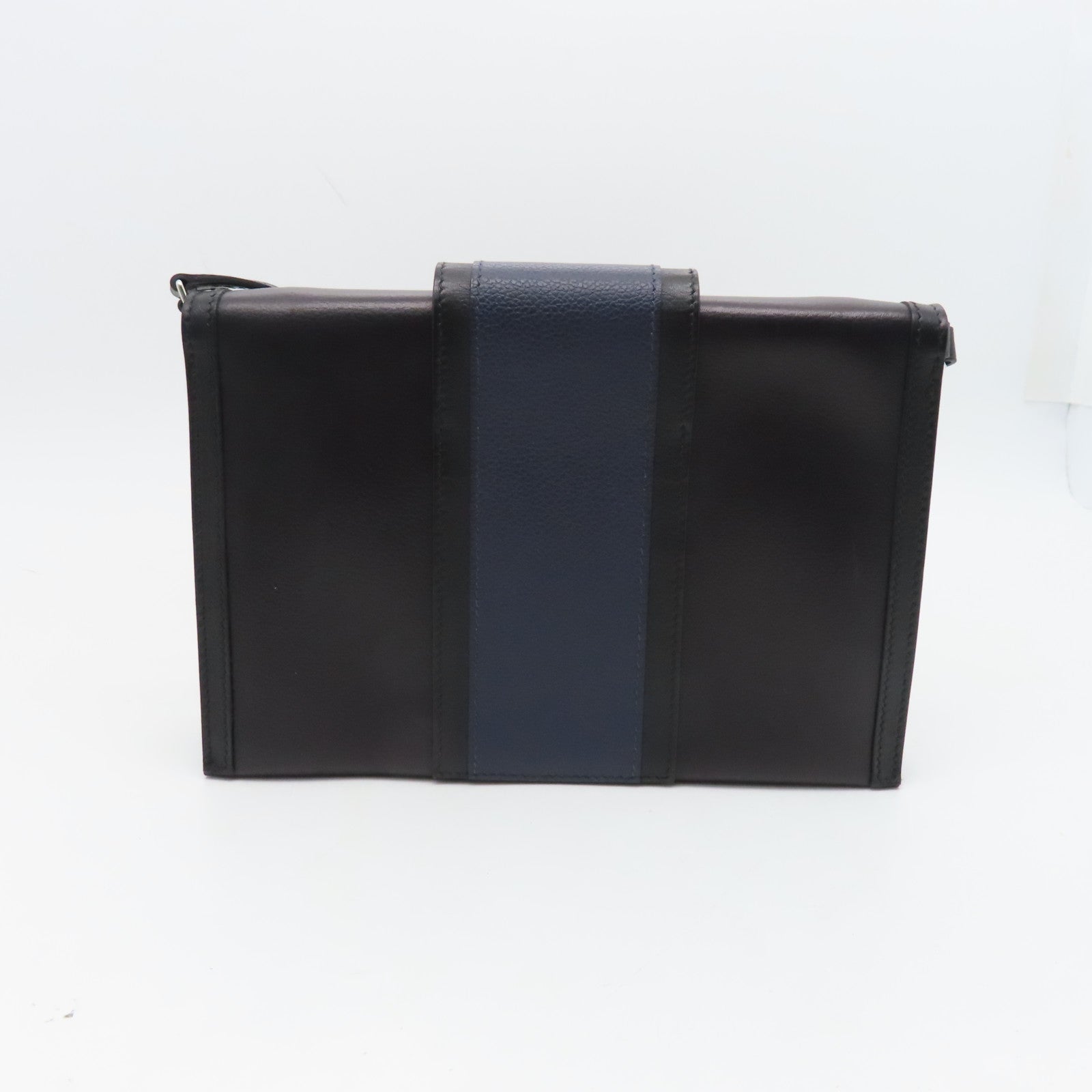 HERMES Evercolor Leather Pochette H Passant Silver Buckle Shoulder Bag Blue/Black