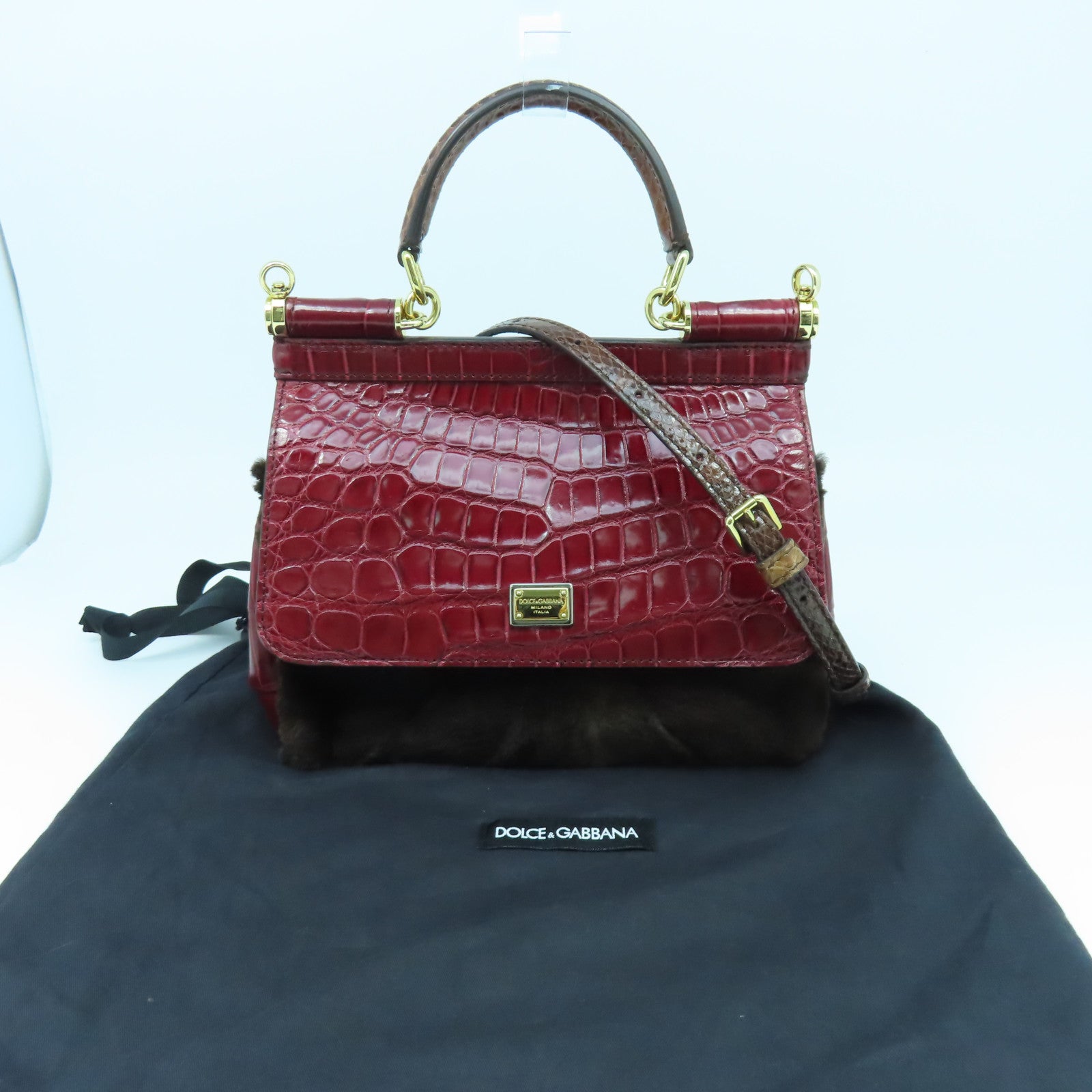 D&G 蛇皮皮革/Fur 2 Way Shoulder金扣手挽肩背兩用袋啡色/紅色