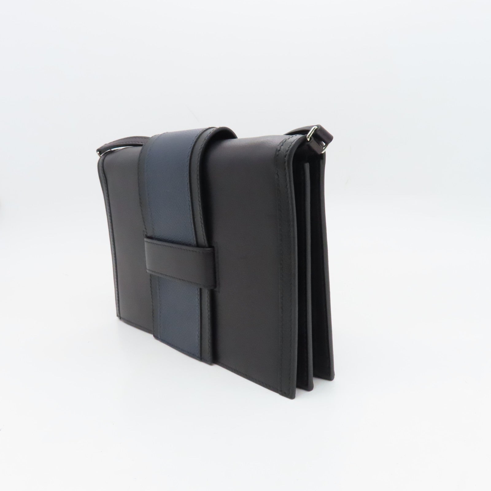 HERMES Evercolor Leather Pochette H Passant Silver Buckle Shoulder Bag Blue/Black