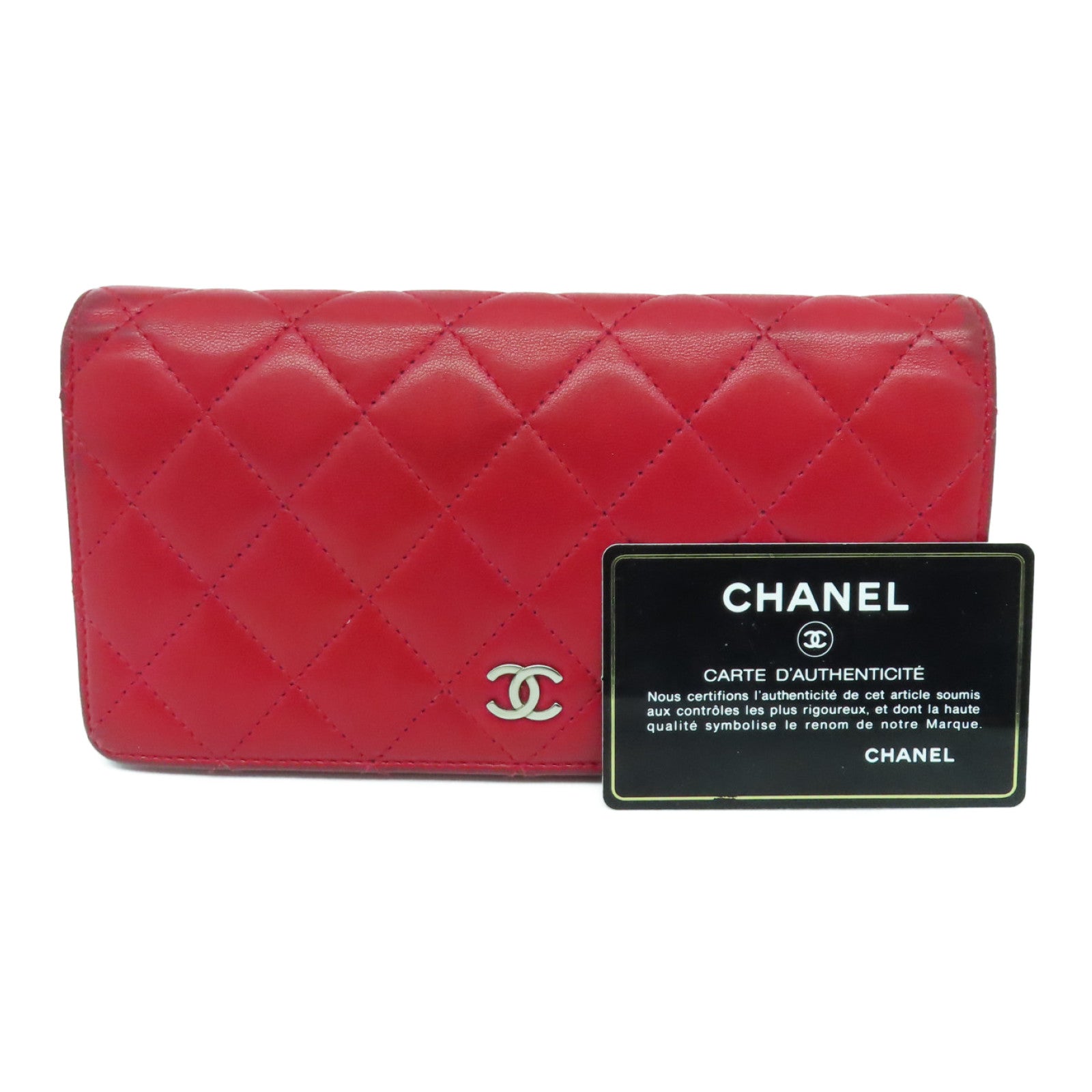 CHANEL 菱格羊皮皮革Long Wallet银扣长钱包红色