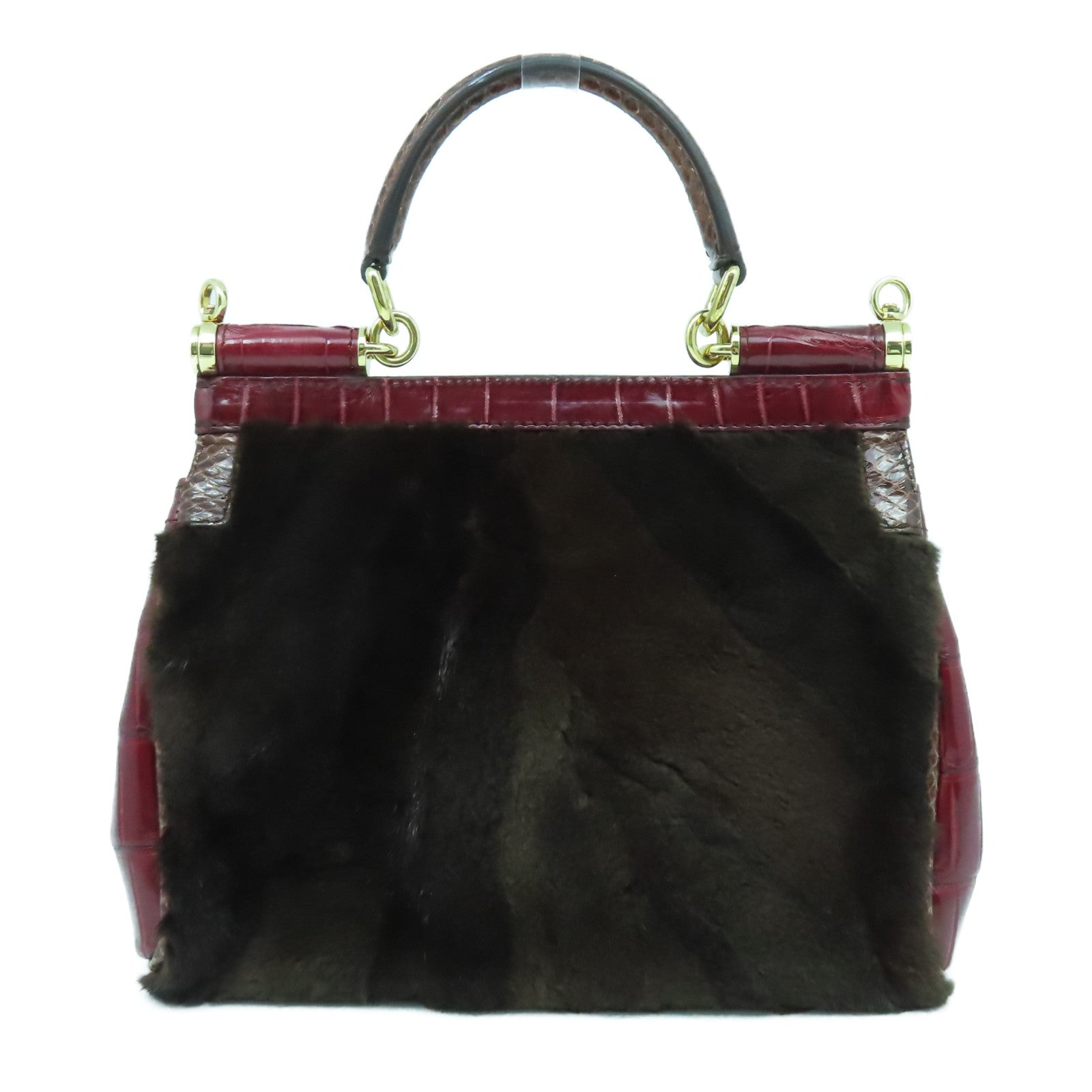D&G 蛇皮皮革/Fur 2 Way Shoulder金扣手挽肩背兩用袋啡色/紅色