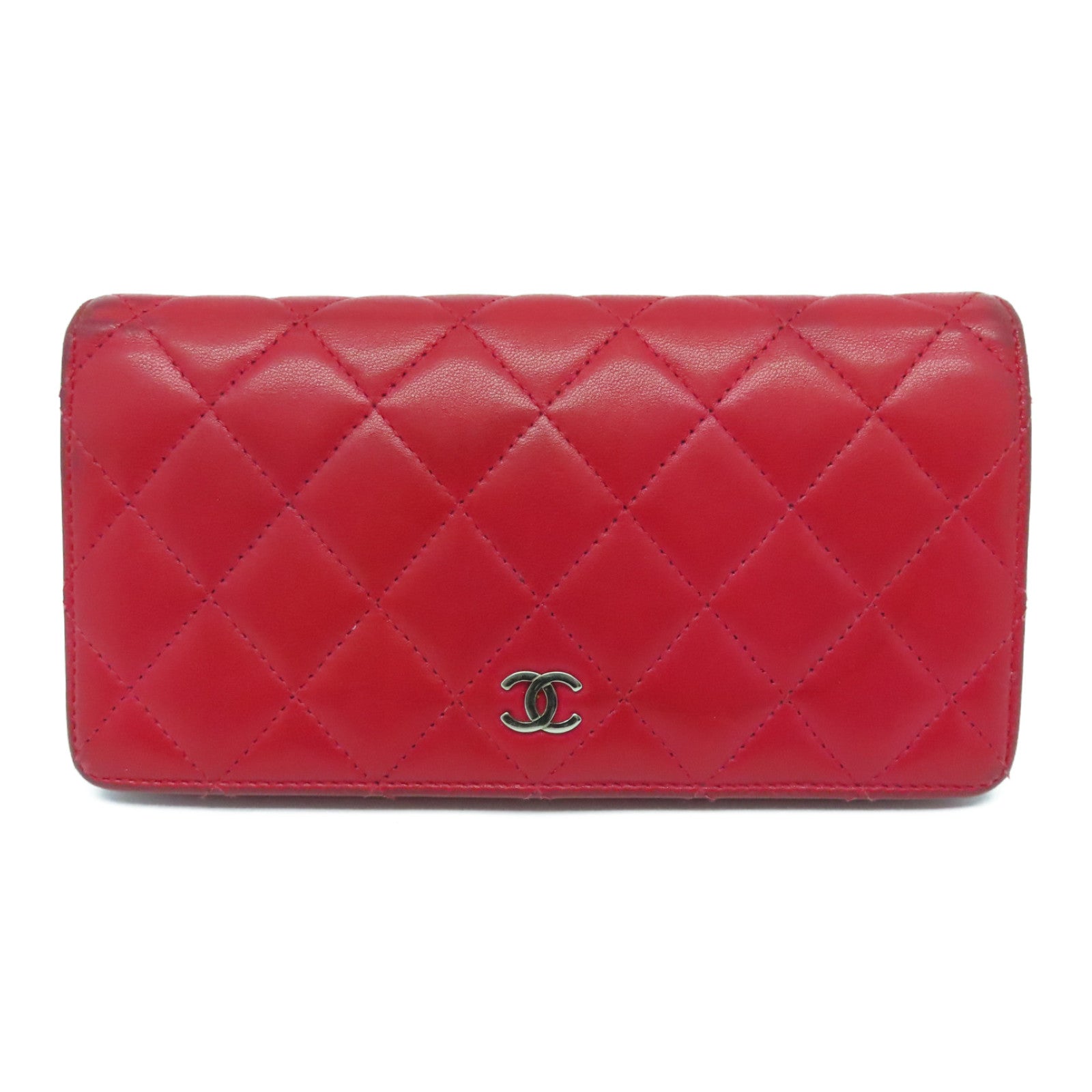 CHANEL 菱格羊皮皮革Long Wallet银扣长钱包红色
