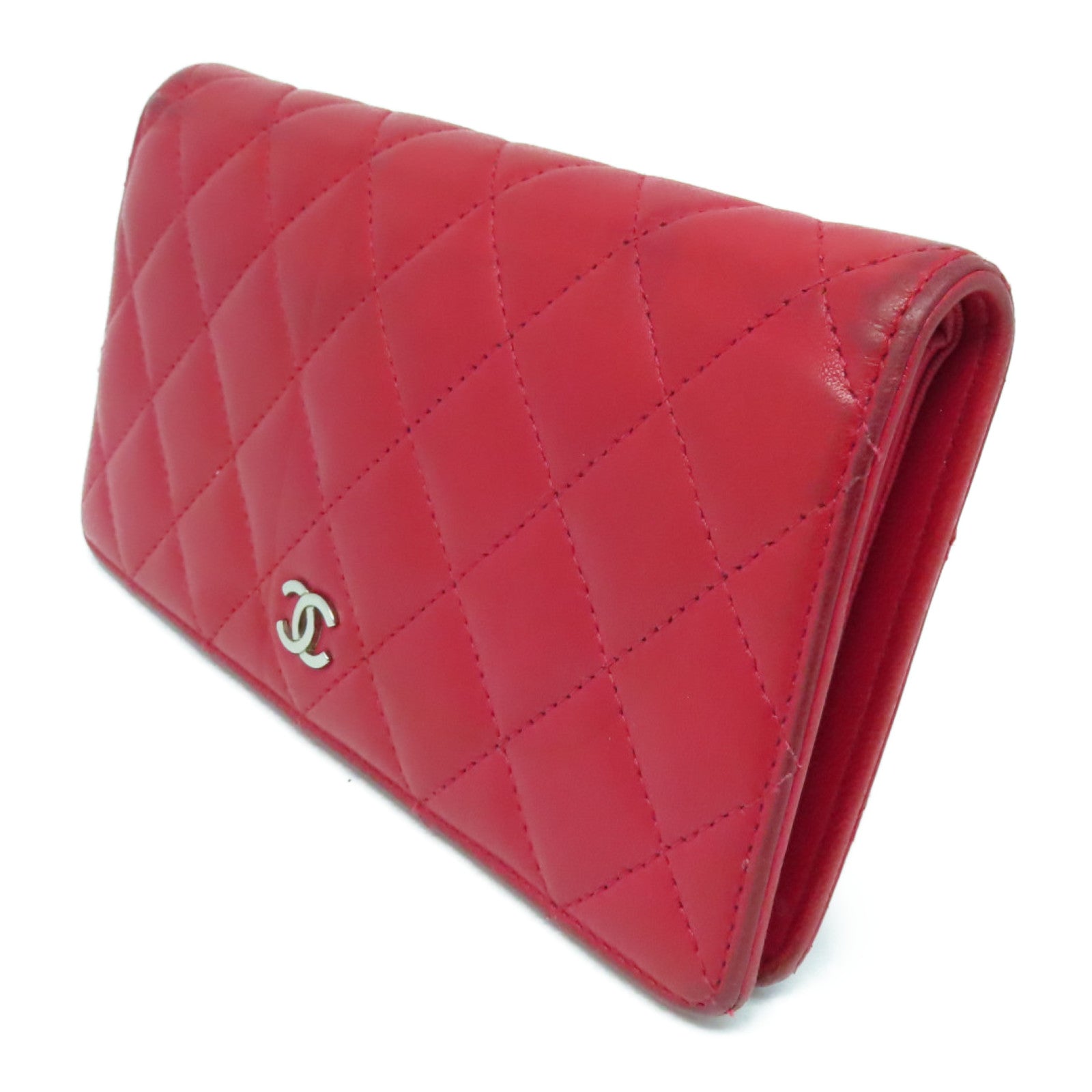 CHANEL 菱格羊皮皮革Long Wallet银扣长钱包红色