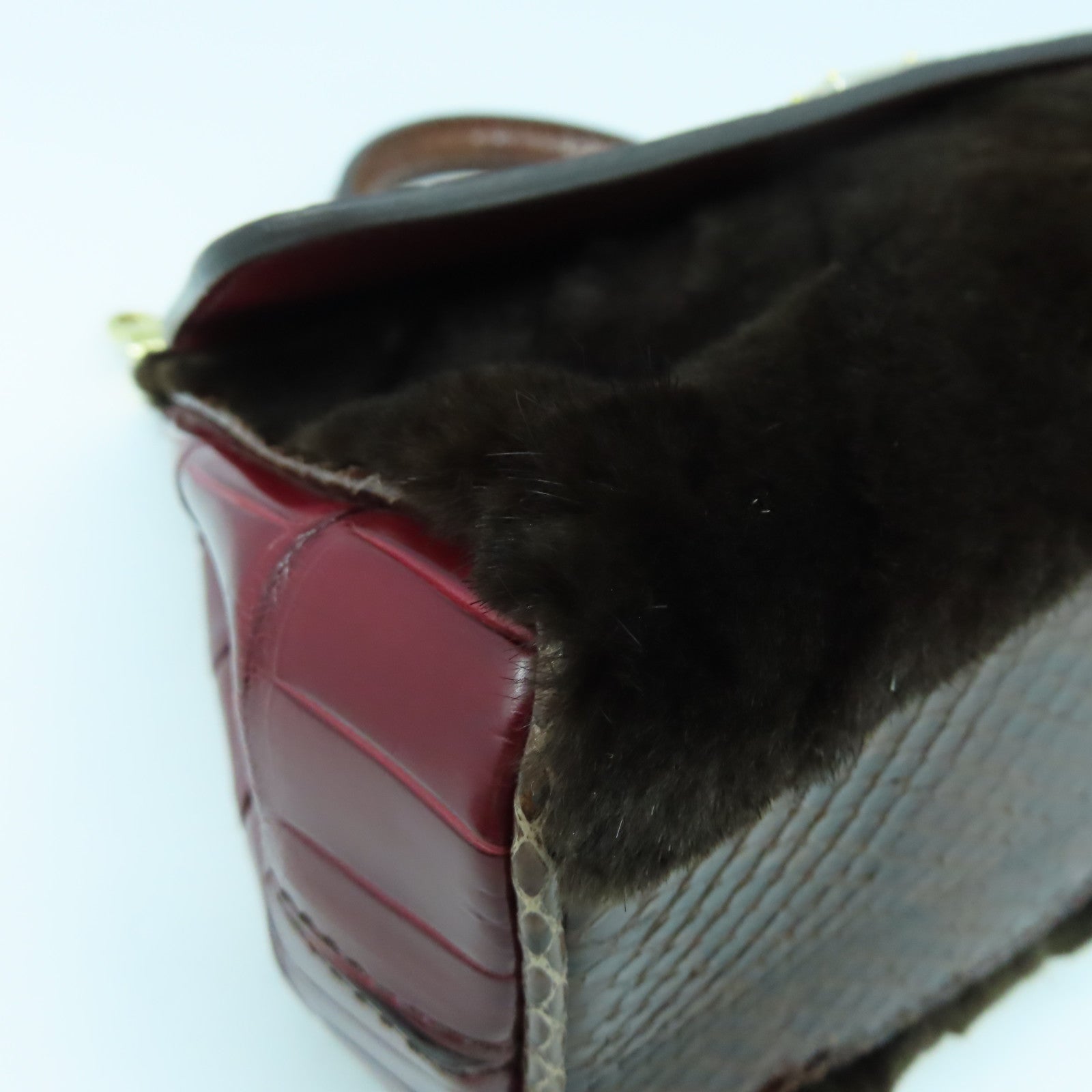 D&G 蛇皮皮革/Fur 2 Way Shoulder金扣手挽肩背兩用袋啡色/紅色