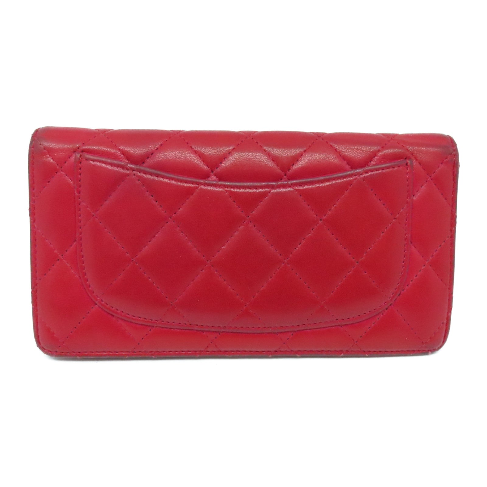 CHANEL 菱格羊皮皮革Long Wallet银扣长钱包红色