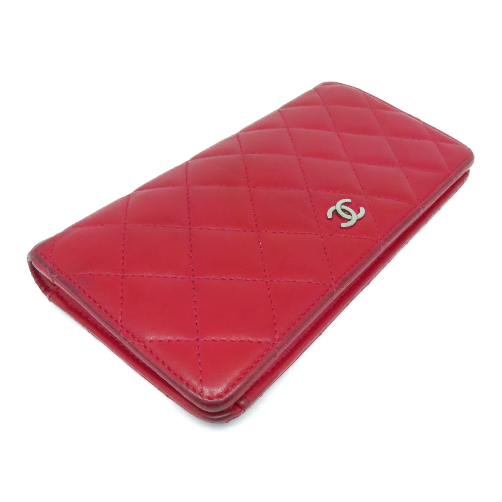 CHANEL 菱格羊皮皮革Long Wallet银扣长钱包红色