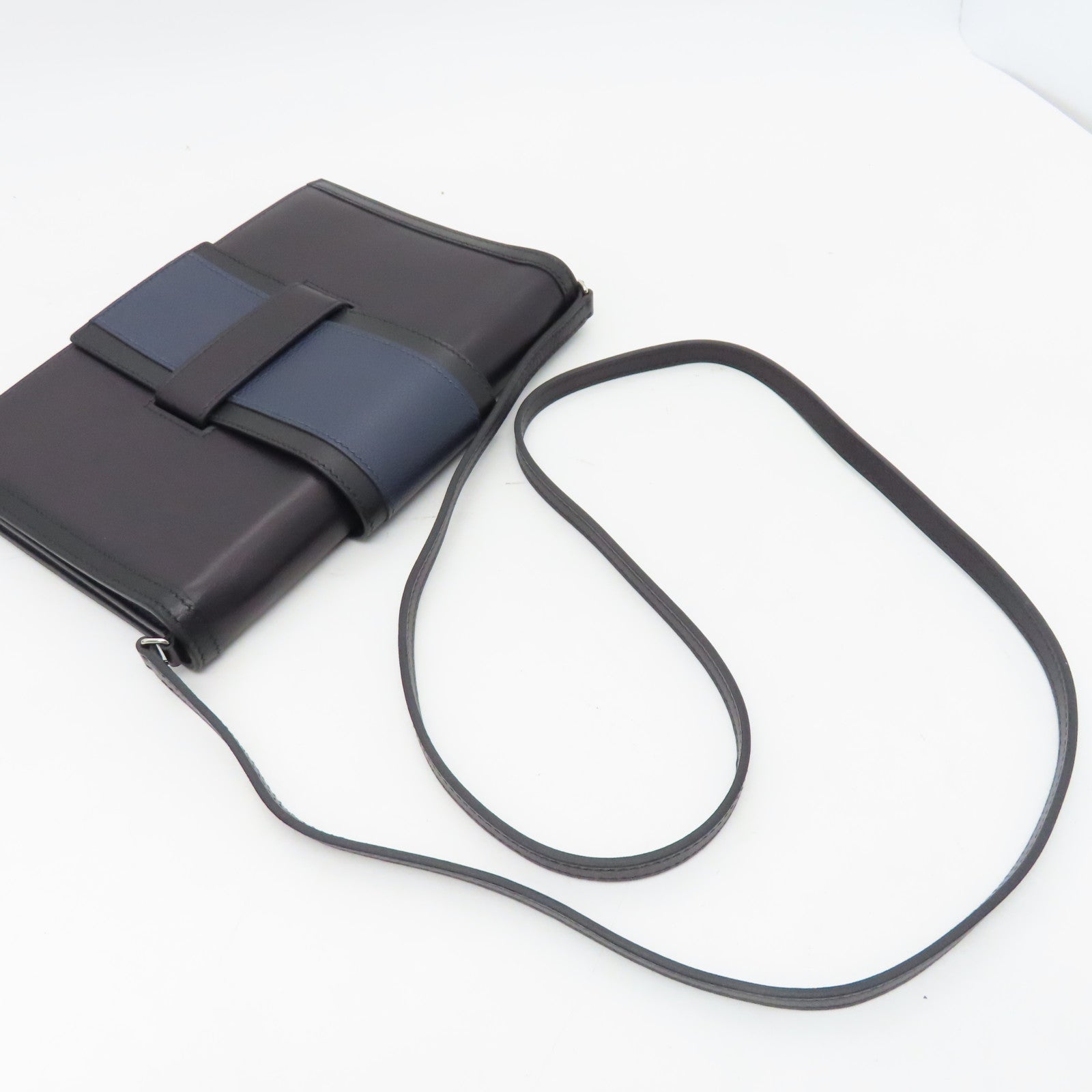 HERMES Evercolor Leather Pochette H Passant Silver Buckle Shoulder Bag Blue/Black