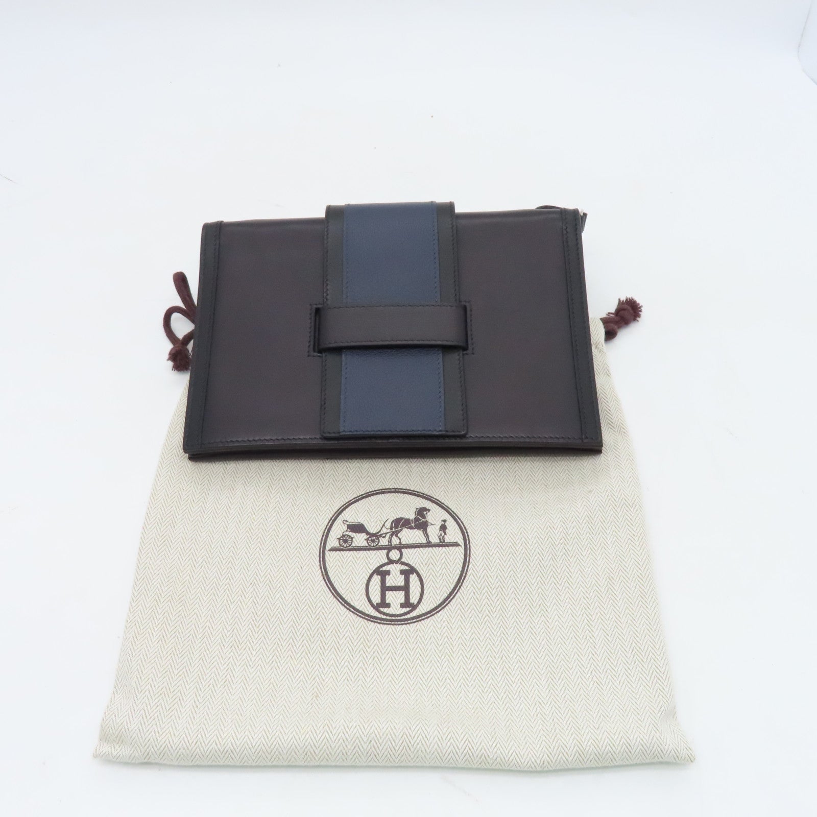 HERMES Evercolor Leather Pochette H Passant Silver Buckle Shoulder Bag Blue/Black