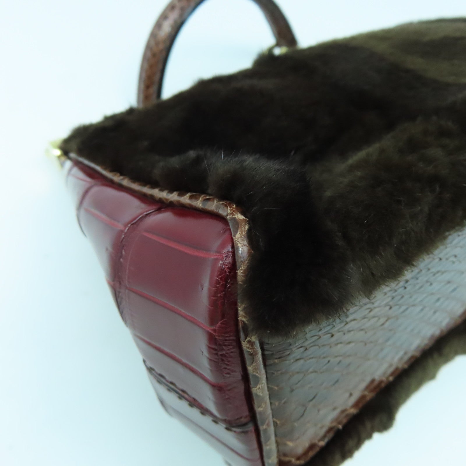 D&G 蛇皮皮革/Fur 2 Way Shoulder金扣手挽肩背兩用袋啡色/紅色